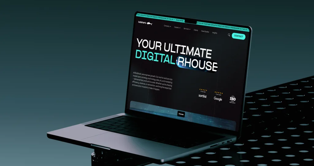 The Bullshark agency website homepage on a MacBook Pro