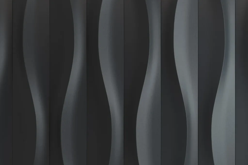 Rhythmic black fluted panels lit from the side