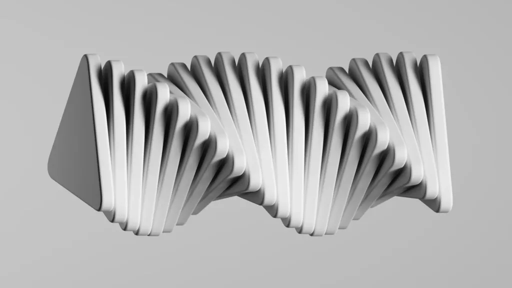 A row of stacked white panels curving into a column, lit against grey