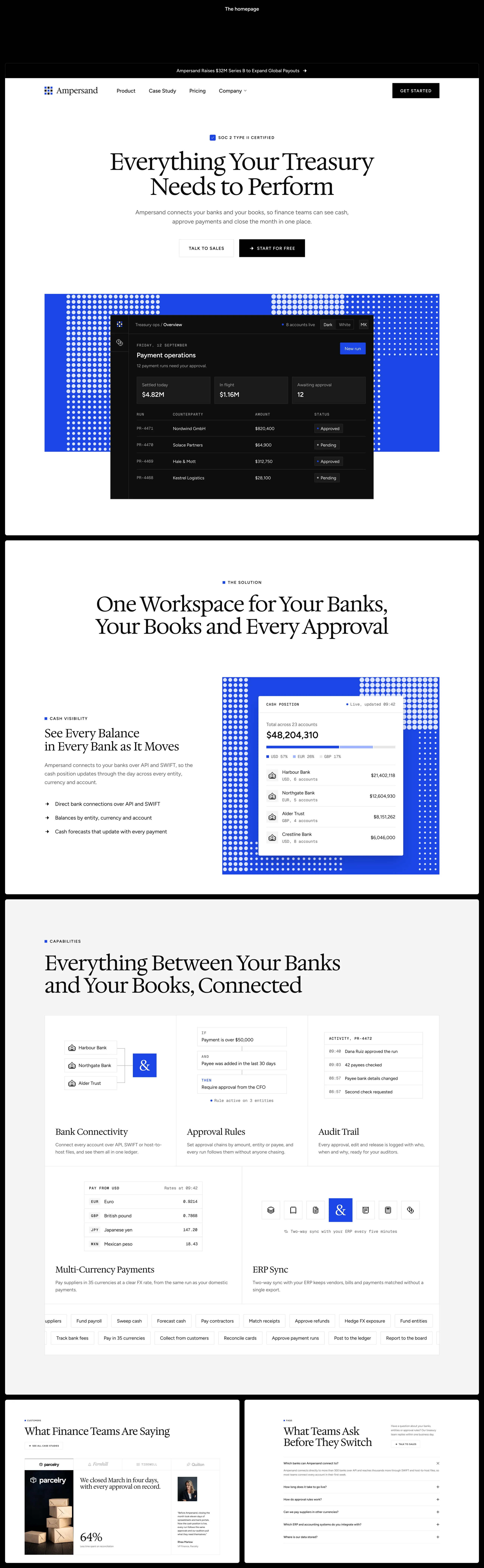 The Ampersand fintech homepage in full, from the hero and its payment operations dashboard through the solution and the capabilities to customer stories and the FAQs