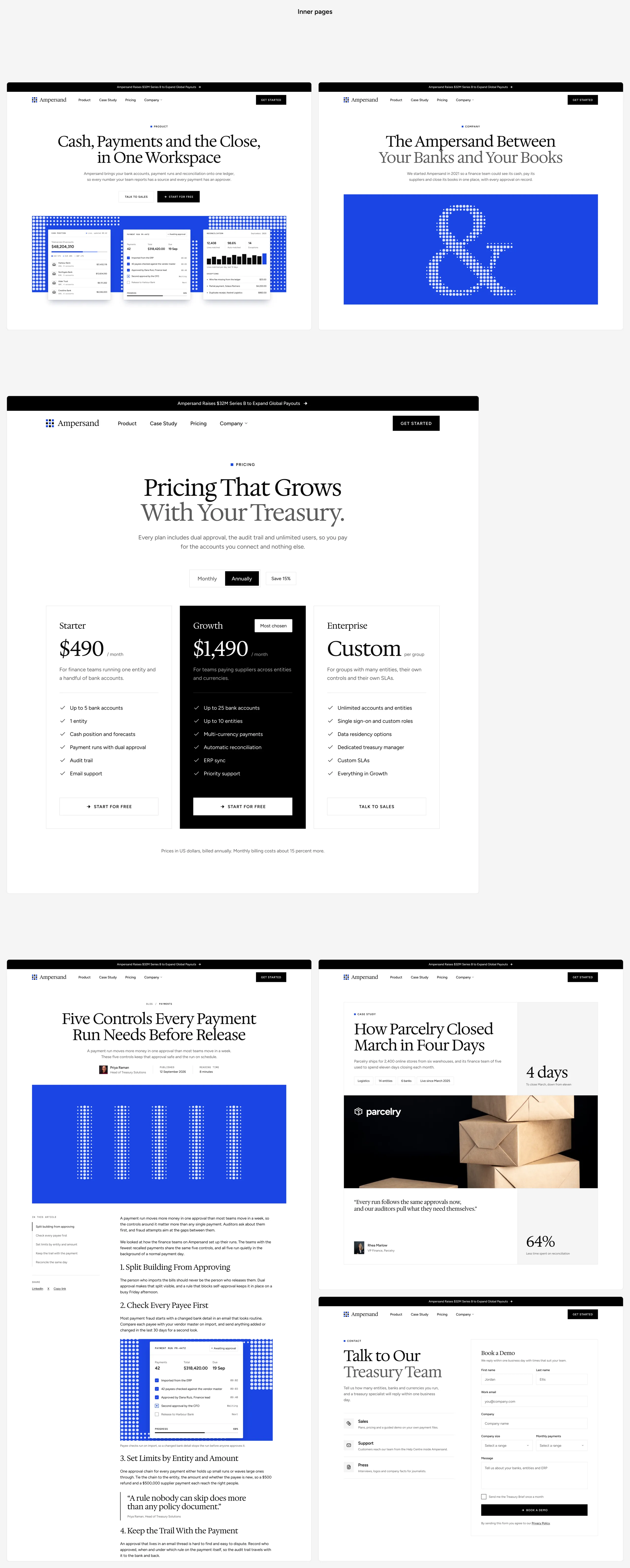 Ampersand inner pages, with the product and company pages, pricing with three plans, a blog post, the Parcelry case study and the contact page