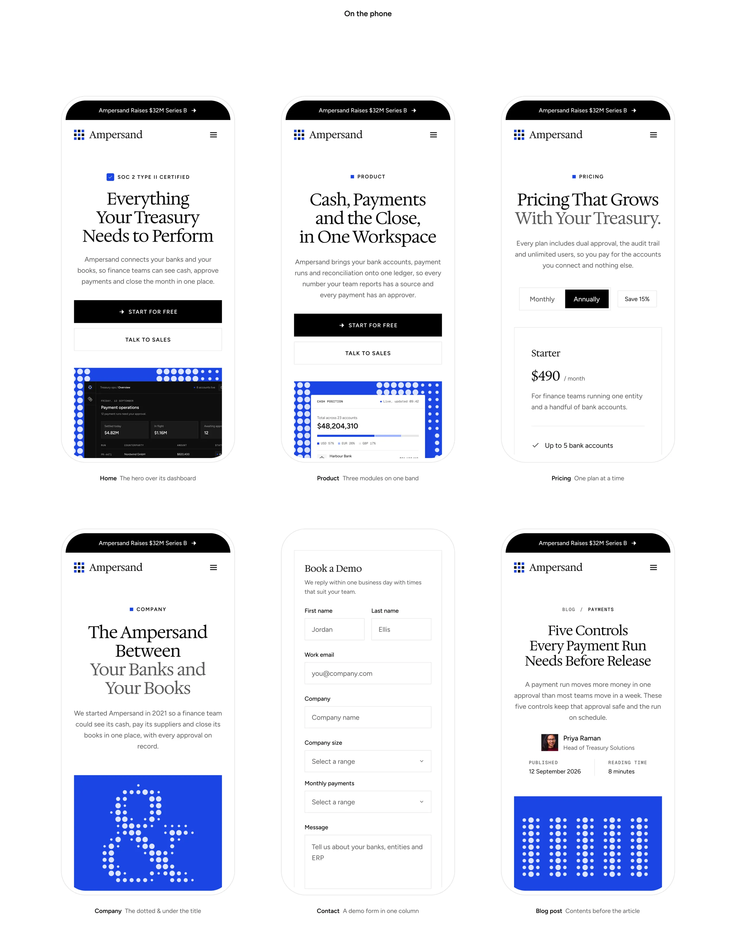 Ampersand on the phone, with the home, product, pricing, company, contact and blog post pages