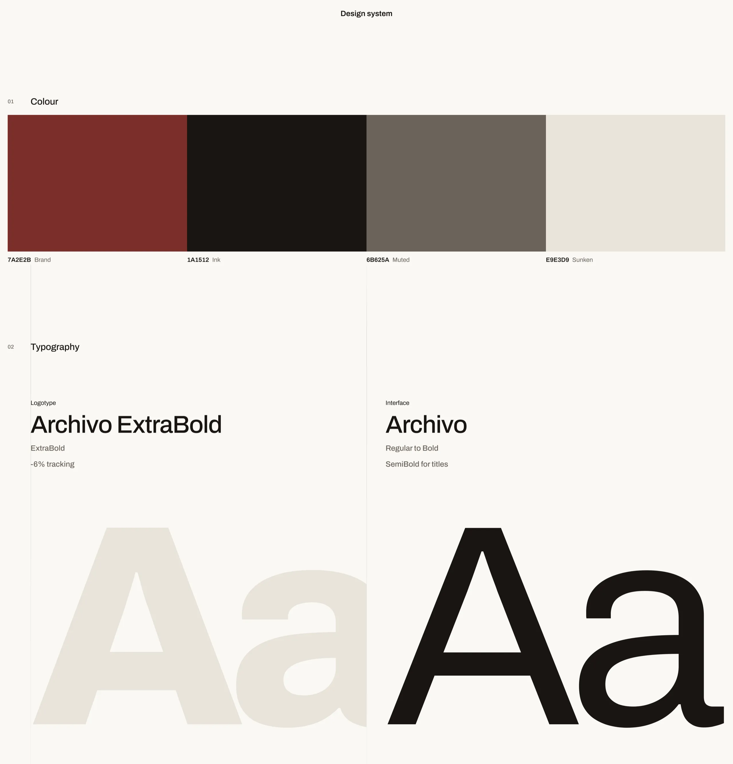 Bridlepath design system: brand red, ink, muted and sunken colours, with Archivo ExtraBold for the logotype and Archivo for the interface