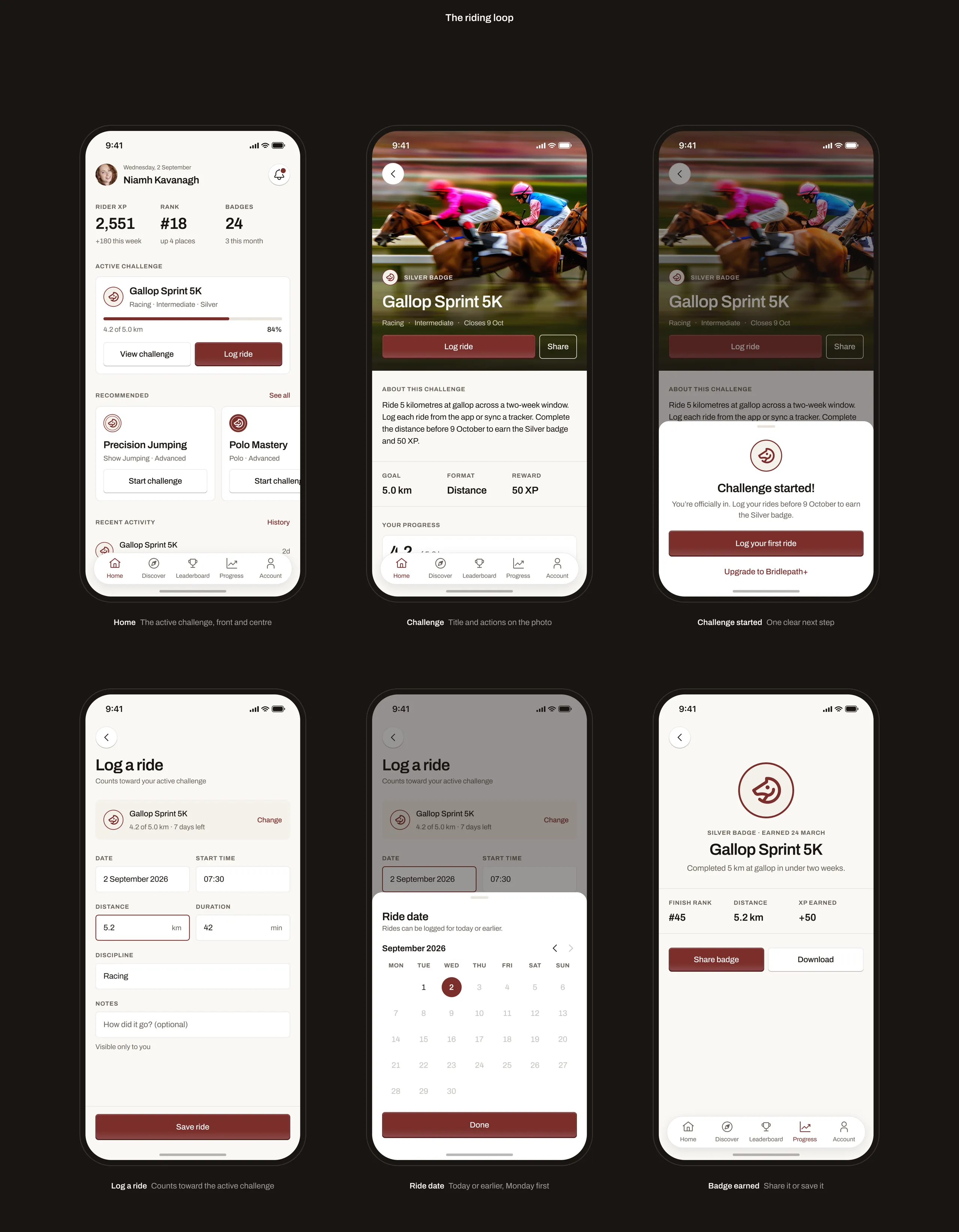 The Bridlepath riding loop: home with the active challenge, the challenge itself, starting it, logging a ride, picking the date and the badge earned