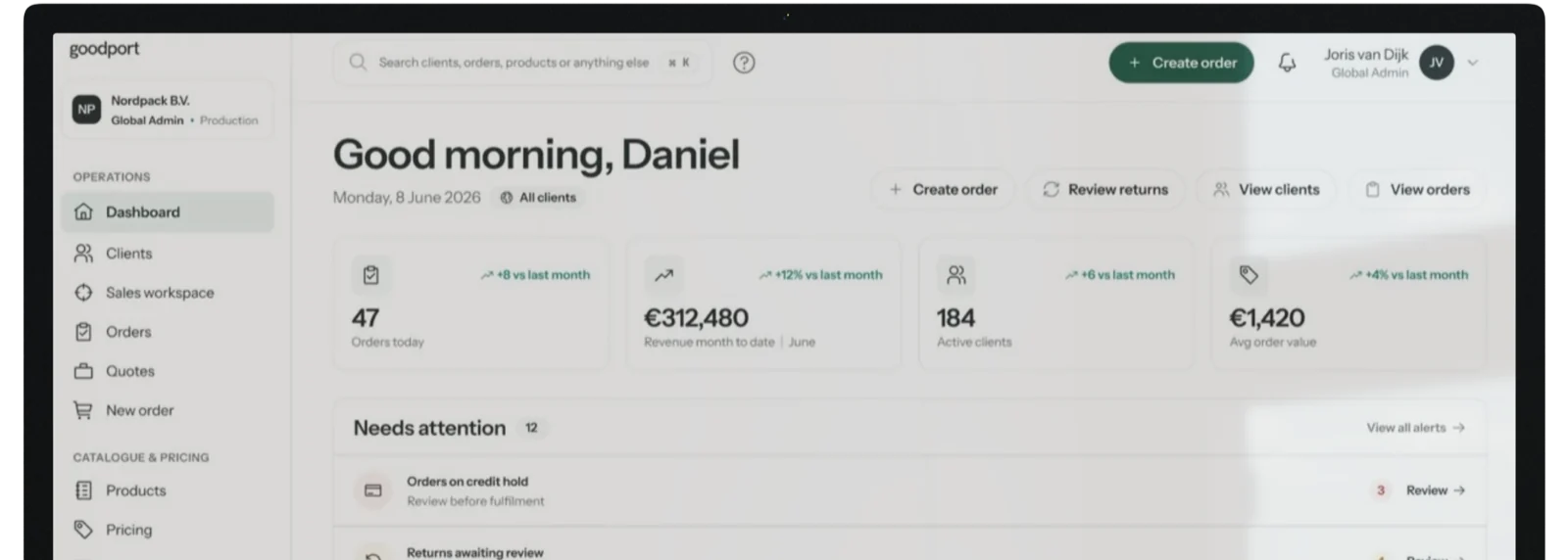 The goodport admin portal dashboard on an Apple Studio Display