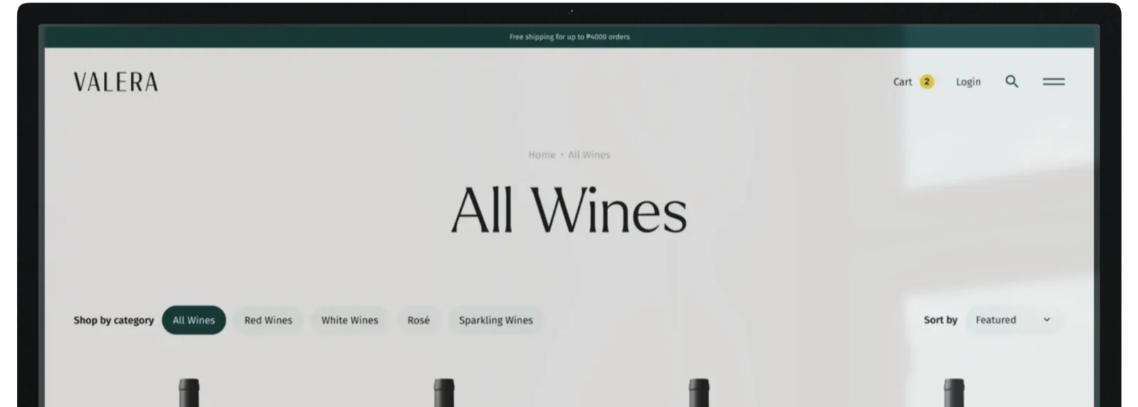 The Valera wine shop all wines page on an Apple Studio Display