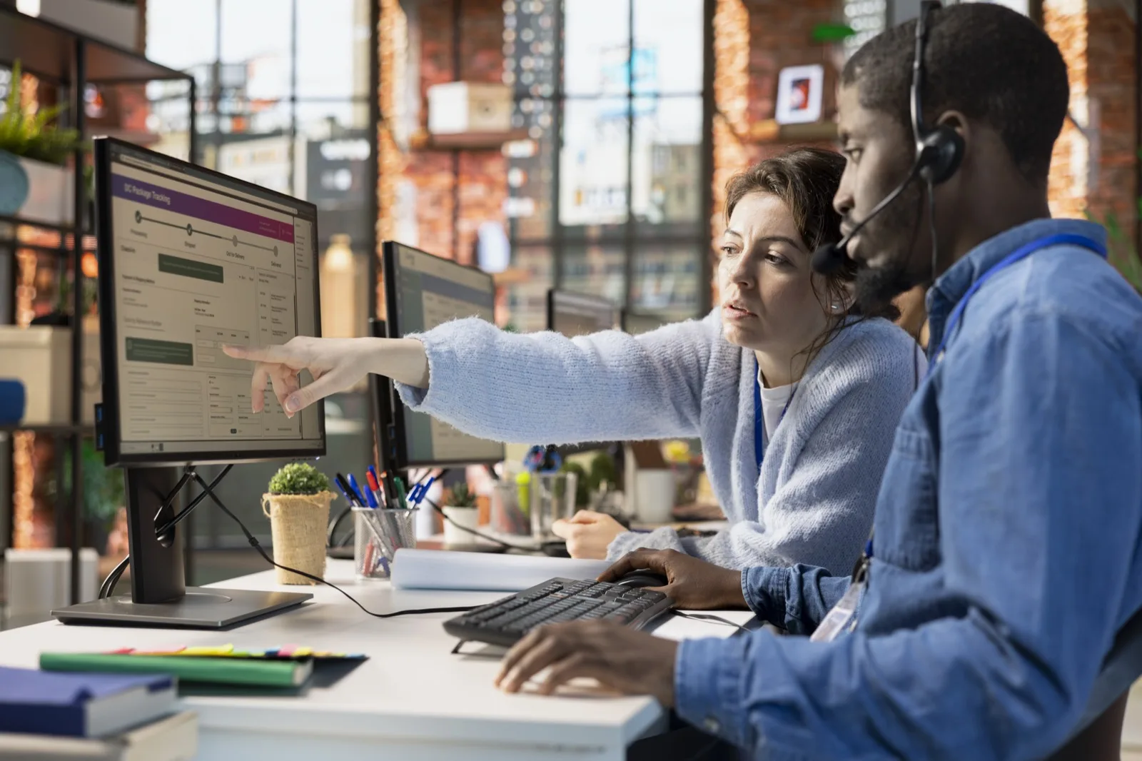 Two colleagues at an order desk checking a list of customer shipments on a monitor
