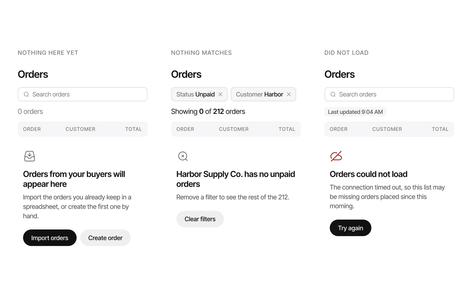 The same orders list shown three ways. Nothing here yet says orders from your buyers will appear here, with Import orders and Create order. Nothing matches shows the chips Status Unpaid and Customer Harbor, Showing 0 of 212 orders, and Clear filters. Did not load says orders could not load, last updated 9:04 AM, with Try again.
