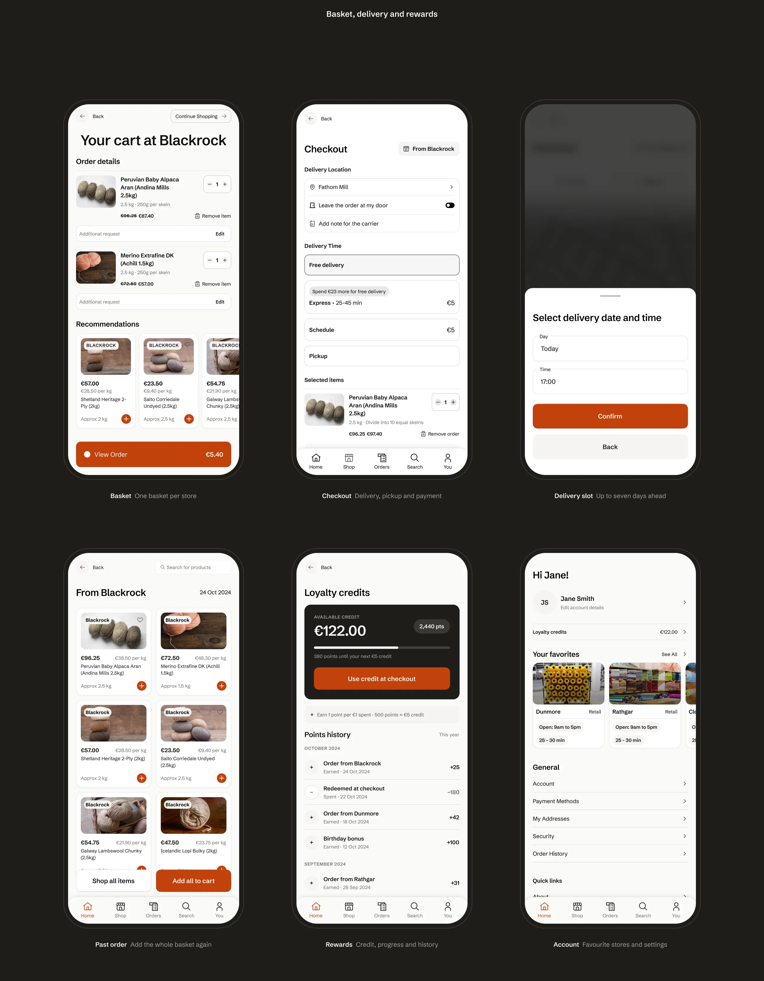 Basket, delivery and rewards in the Fathom app: the Blackrock basket, checkout with delivery or pickup, choosing a delivery slot, reordering a past order, loyalty credits and the account