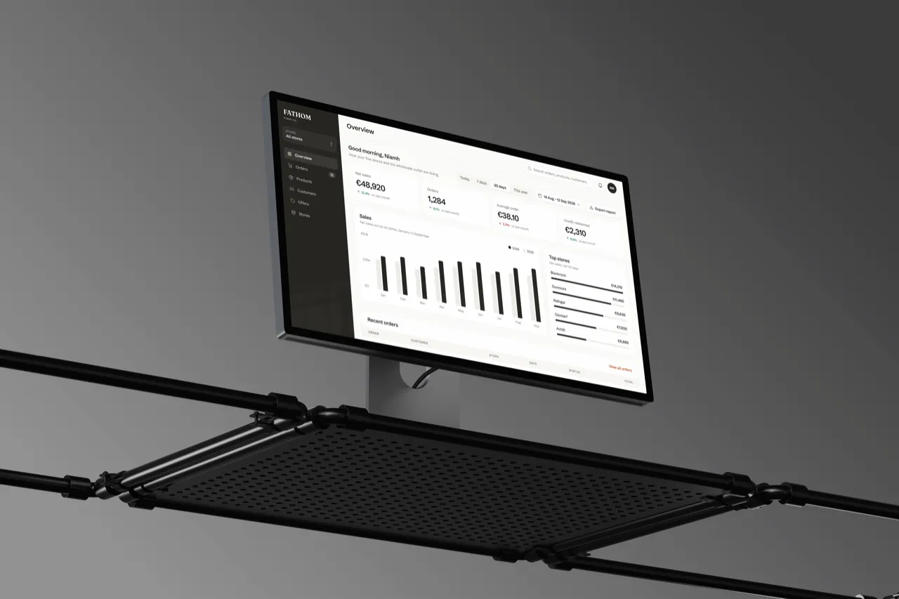 The Fathom back office sales overview on a Studio Display mounted on an industrial rack