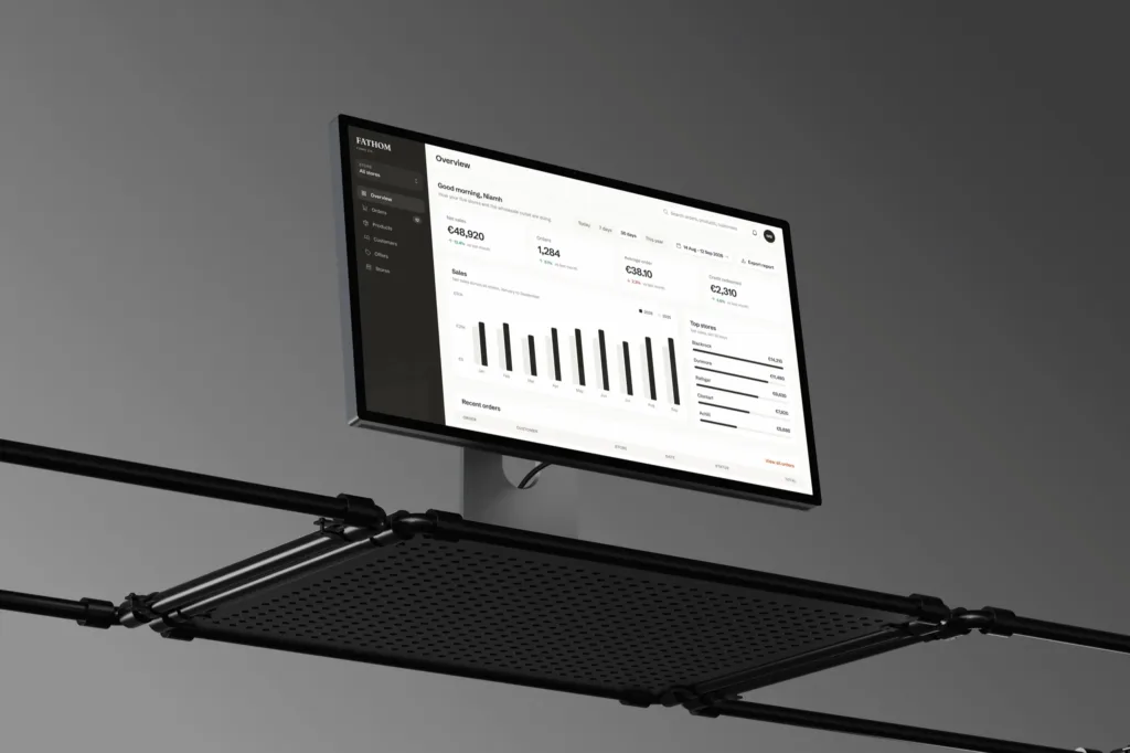 The Fathom back office sales overview on a Studio Display mounted on an industrial rack