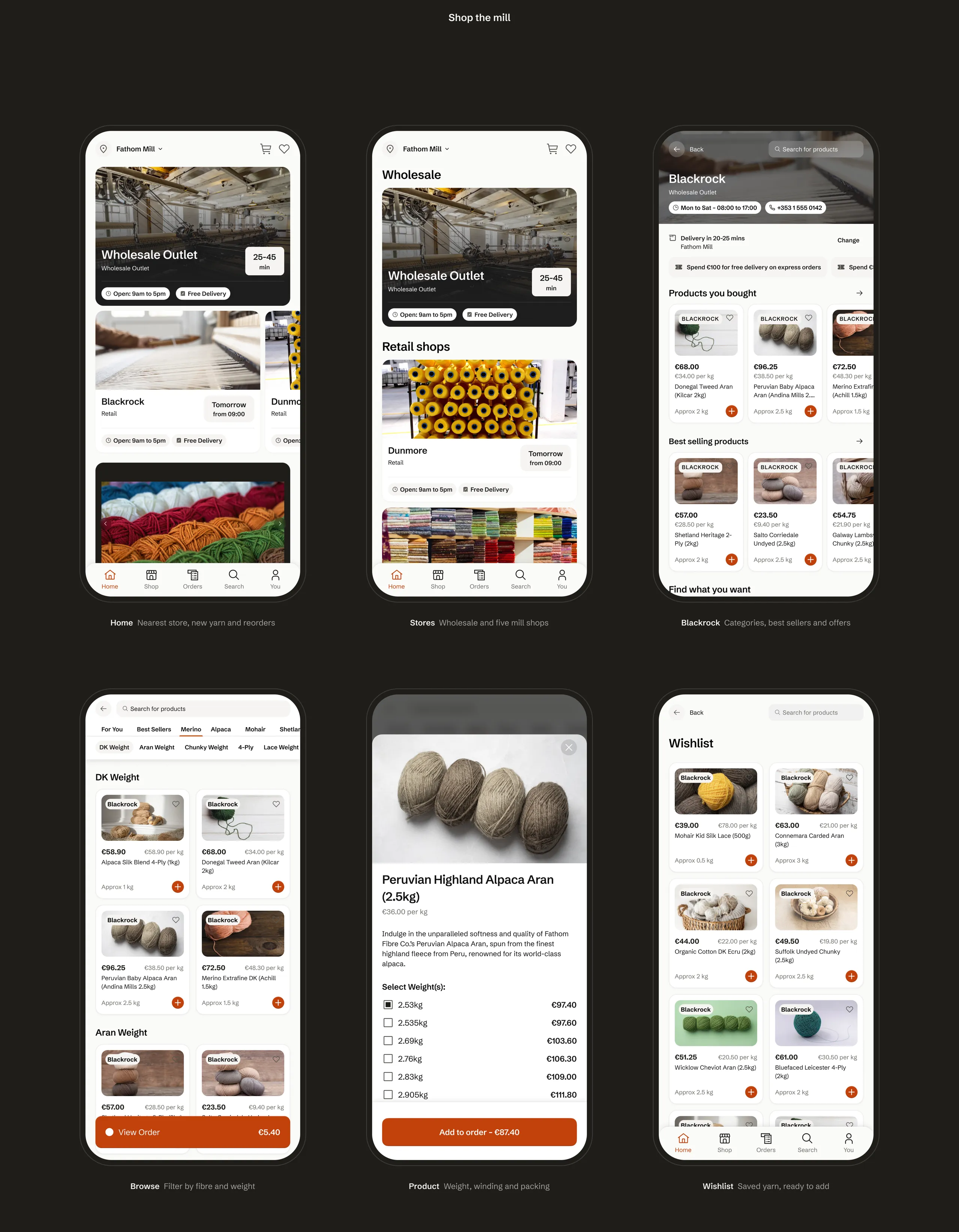 Shopping the mill in the Fathom app: home, the wholesale outlet and five mill shops, the Blackrock shop, browsing by fibre and weight, a yarn's weights and the wishlist