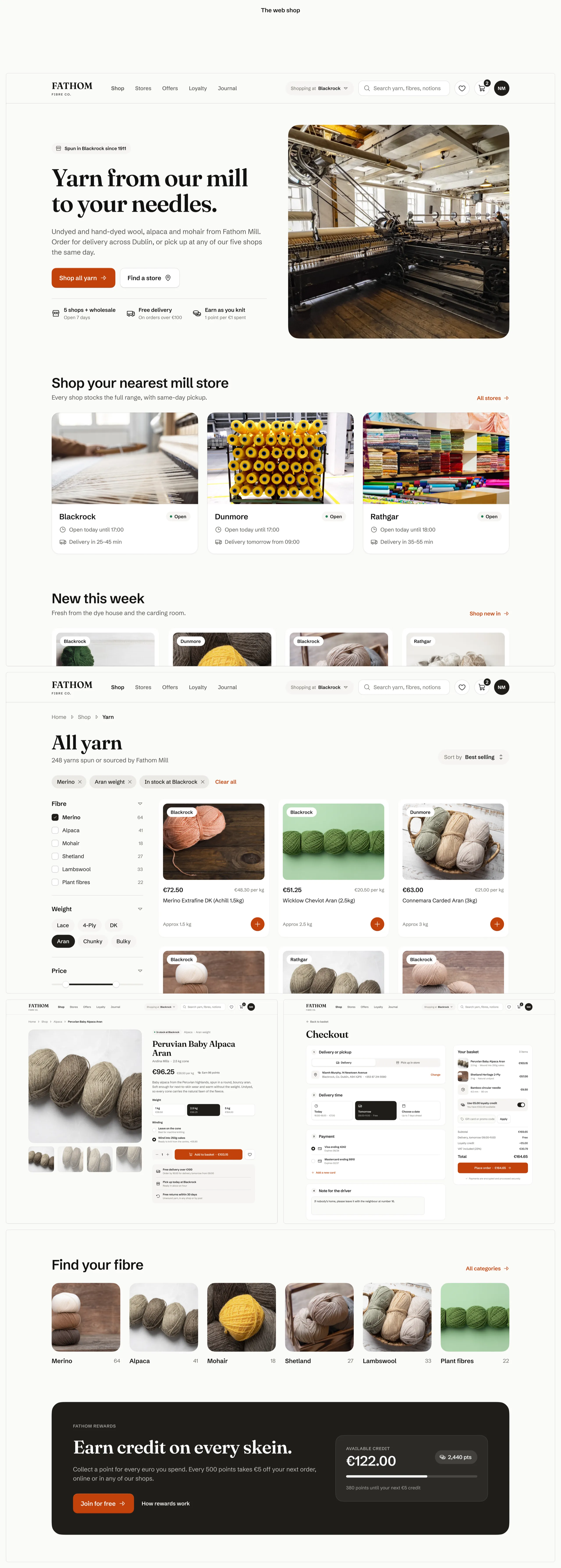 The Fathom web shop: the homepage with the nearest mill stores and new yarn, the catalogue filtered by fibre and weight, a product page, checkout, shopping by fibre and the rewards band
