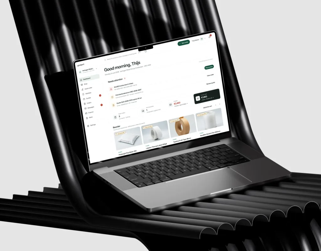 goodport buyer dashboard on a MacBook Pro resting on black steel tubes