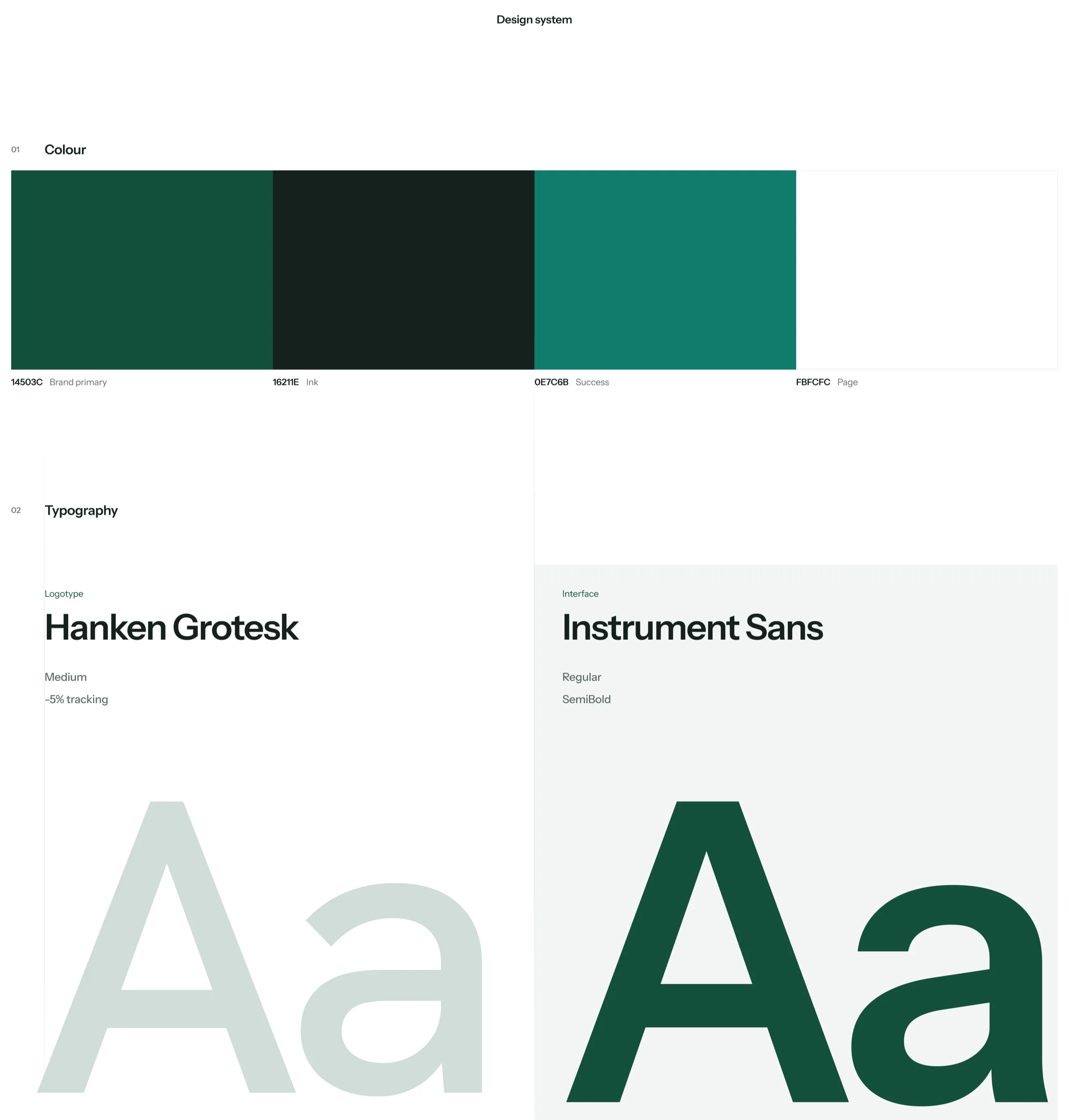 goodport design system: brand green, ink, success and page colours, Hanken Grotesk for the logotype and Instrument Sans for the interface