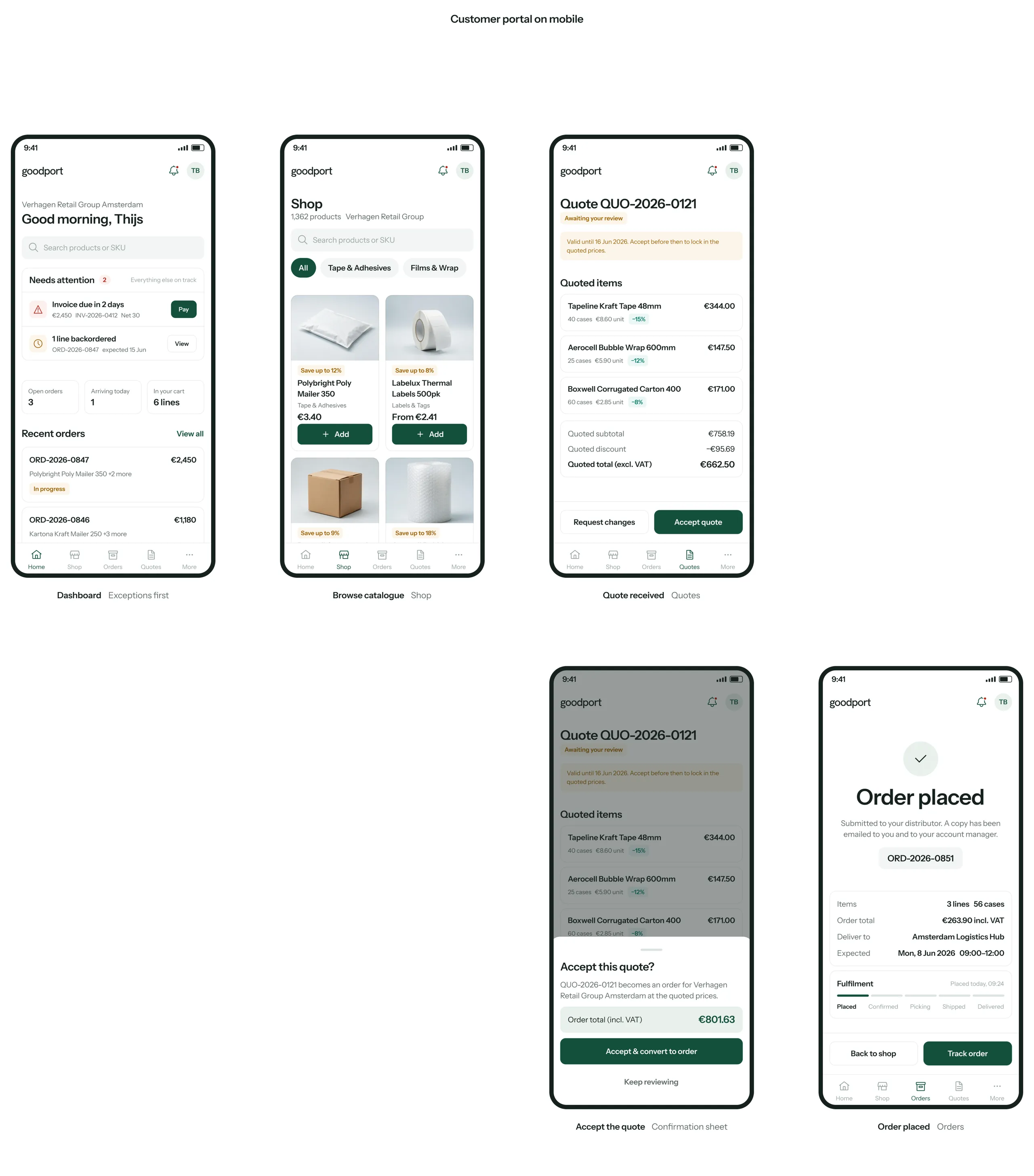 goodport customer portal on mobile: dashboard, catalogue, quote received, accepting the quote and order placed