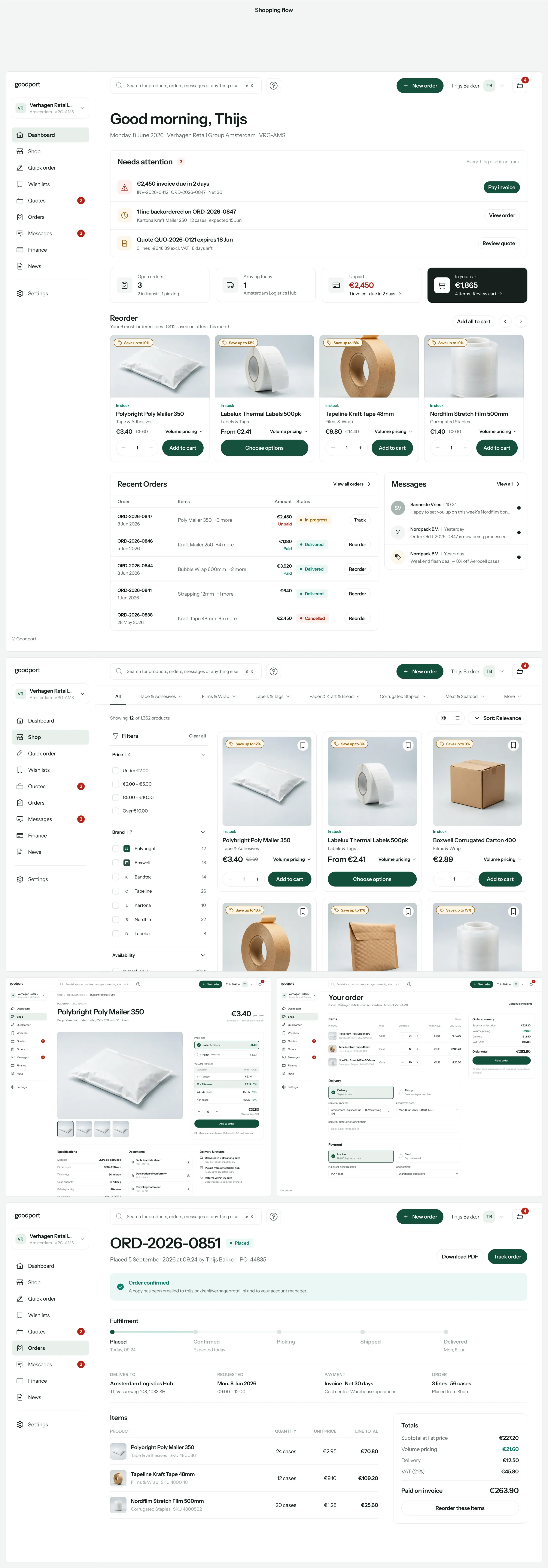 goodport shopping flow: buyer dashboard, catalogue with filters, product detail, the order and its confirmation