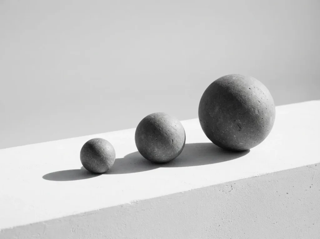 Three concrete spheres in rising sizes on a white ledge, monochrome
