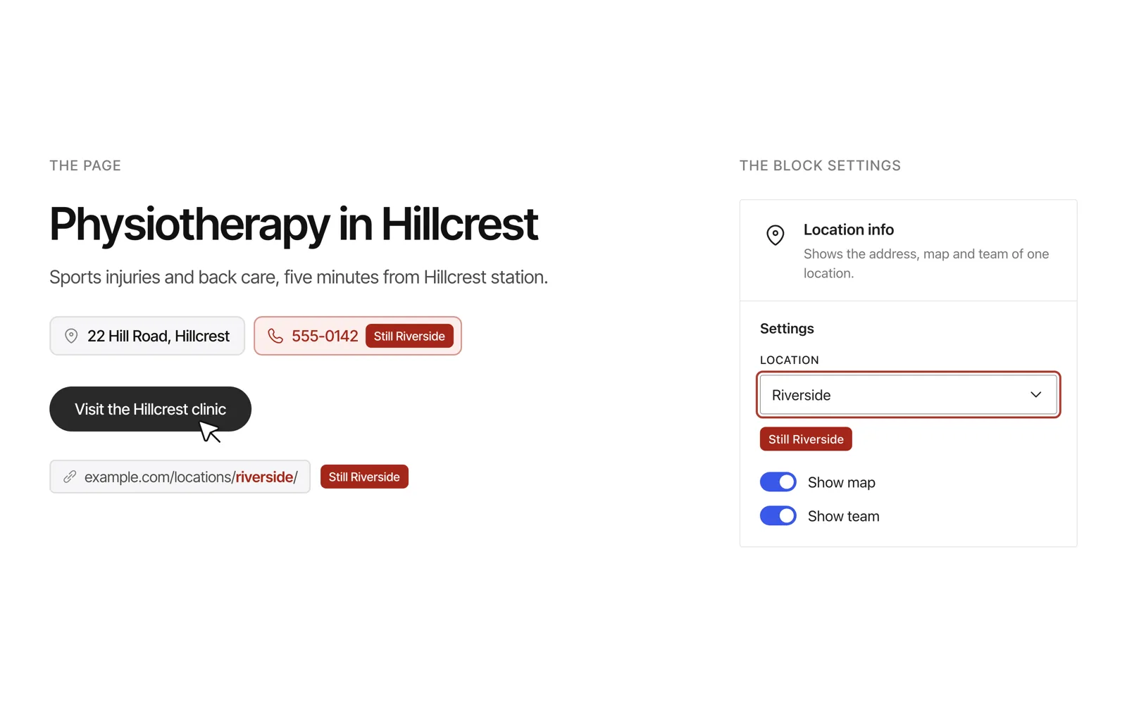 A location page for Hillcrest which was copied from the Riverside page. The heading says Physiotherapy in Hillcrest and the button says Visit the Hillcrest clinic, but the phone number is Riverside's, the link under the button goes to /locations/riverside/, and the block settings panel beside the page still has Riverside selected as the location.