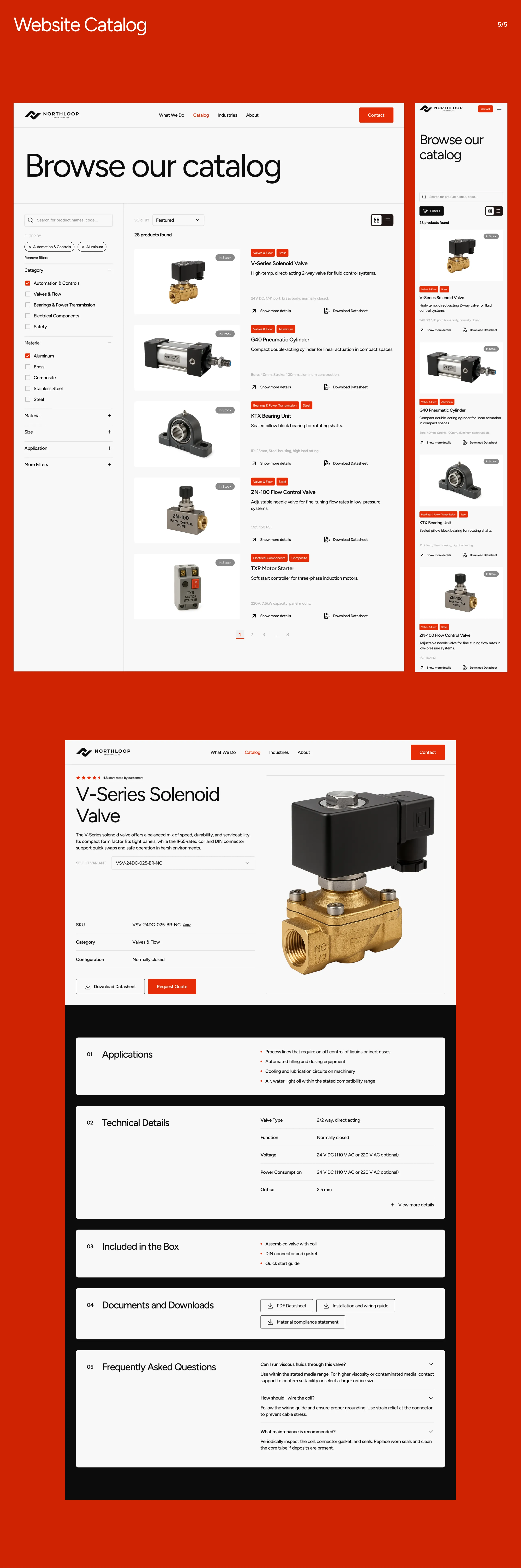 The Northloop catalog browse page and the V-Series solenoid valve product page, with technical details and downloads