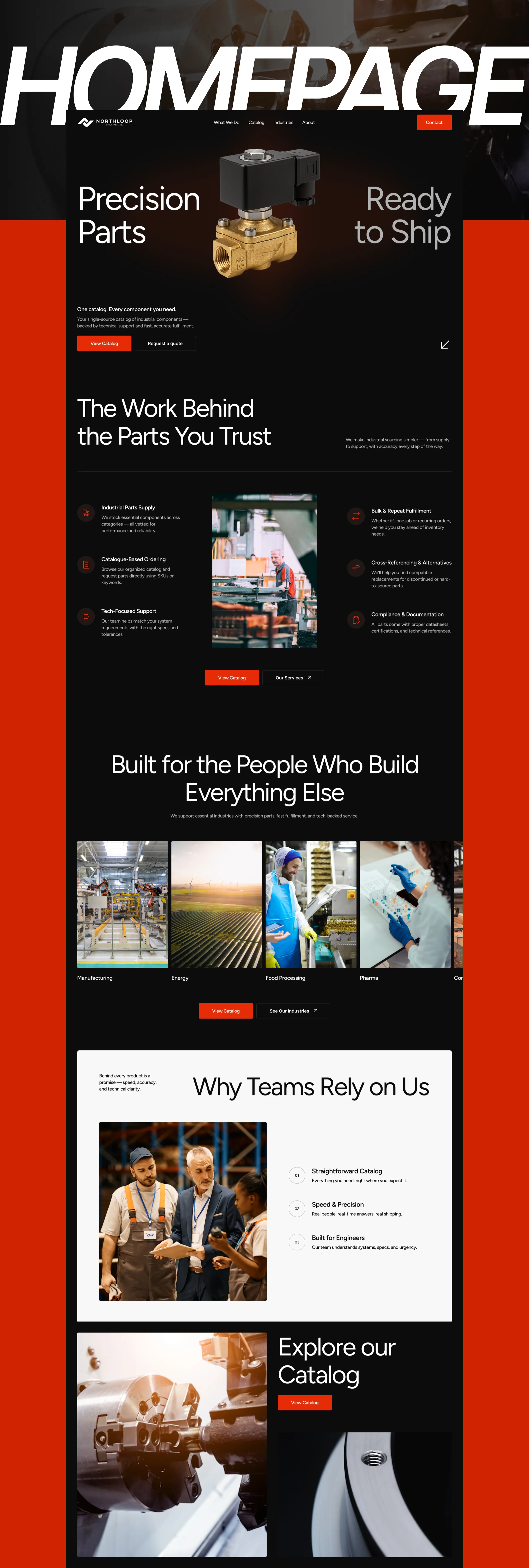 The Northloop homepage in full, from the Precision Parts hero through the catalog and industries to the footer