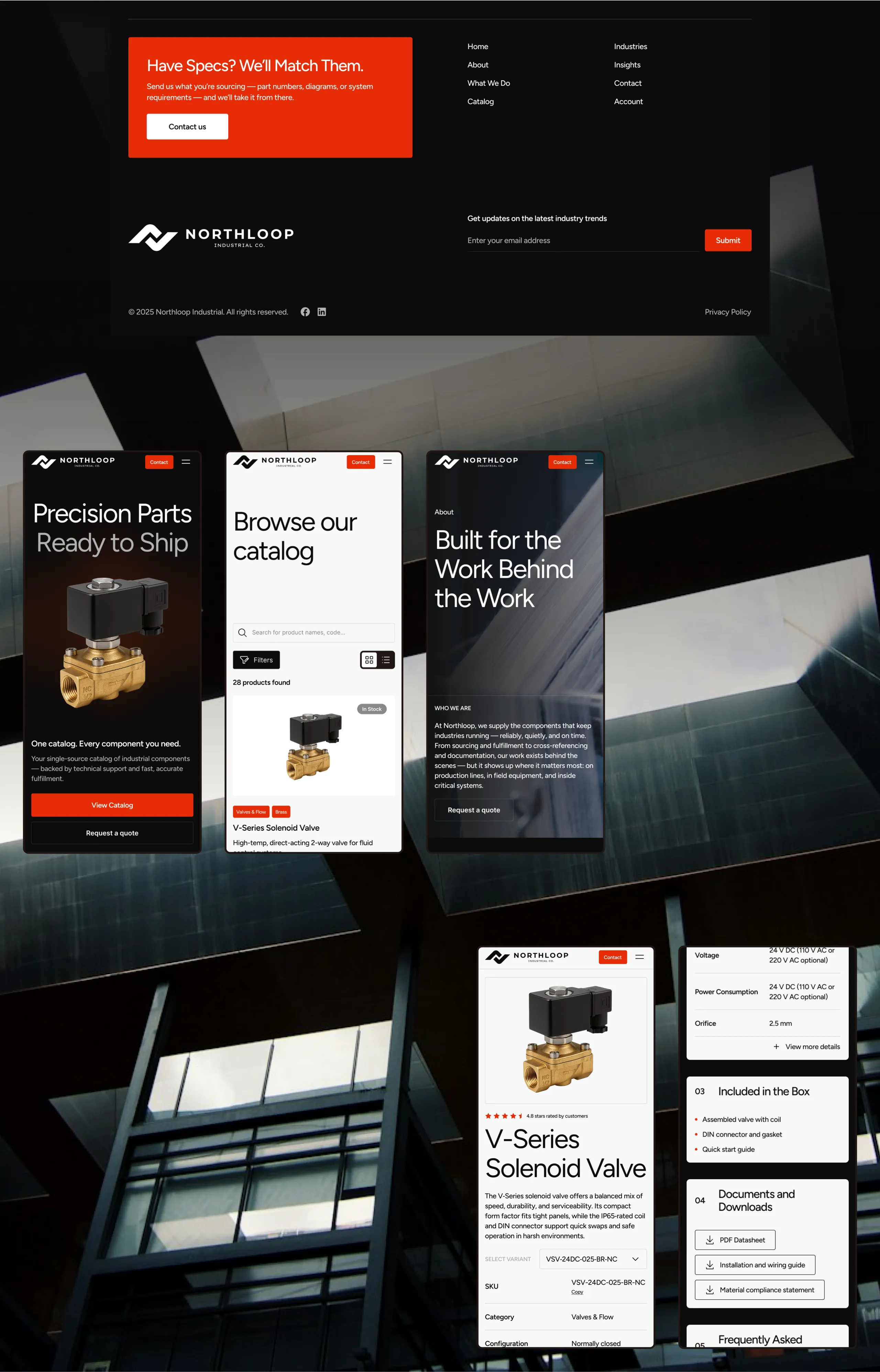 Northloop on mobile: the homepage, the catalog browse, the about page and a product page, over photography of an industrial building