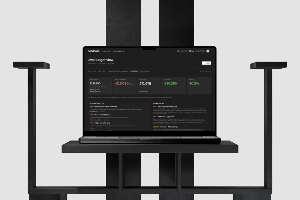 Roadcase Live Budget view on a MacBook Pro on a black stand