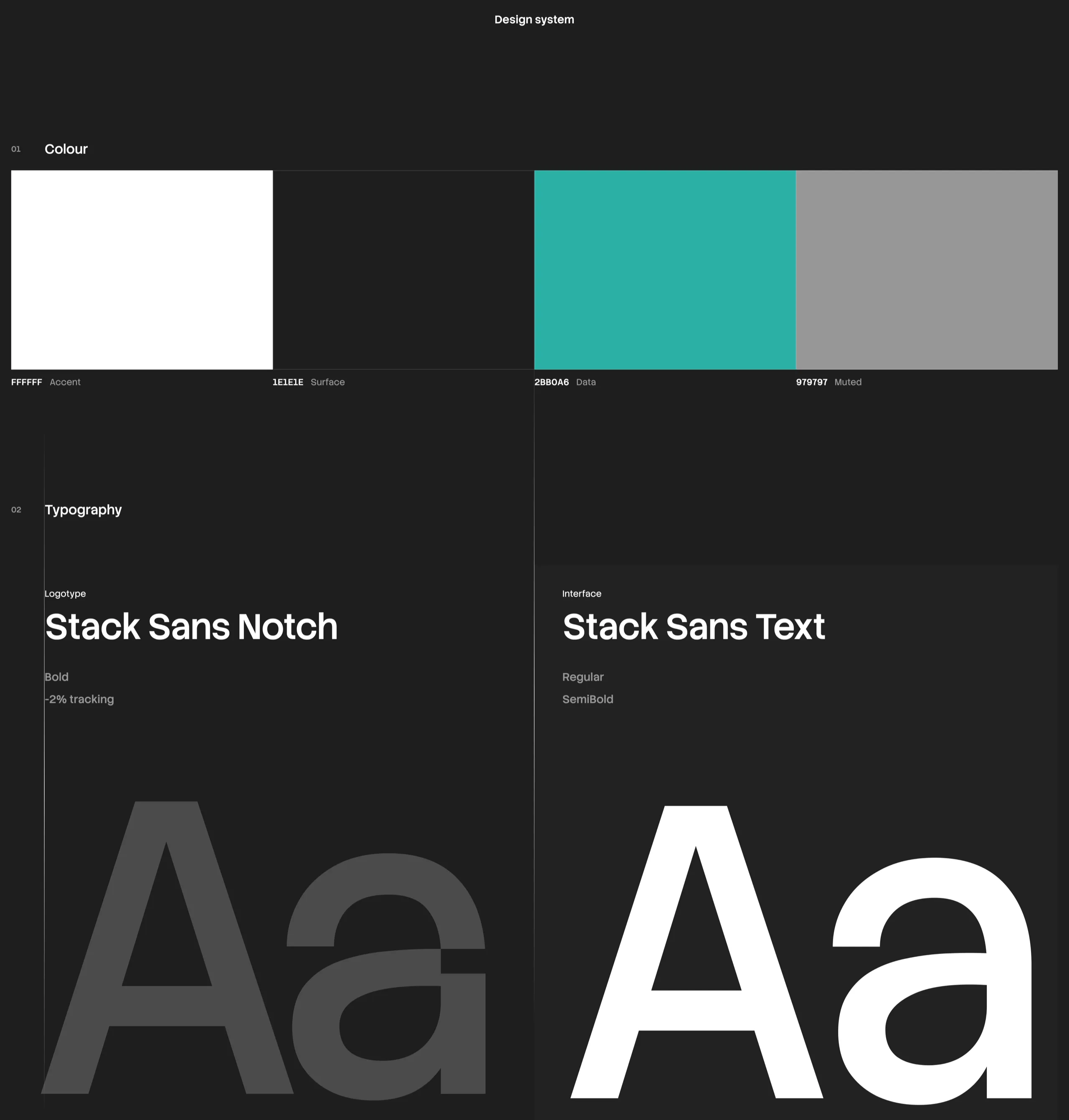 Roadcase design system: white accent, dark surface, teal data and muted grey, Stack Sans Notch for the logotype and Stack Sans Text for the interface