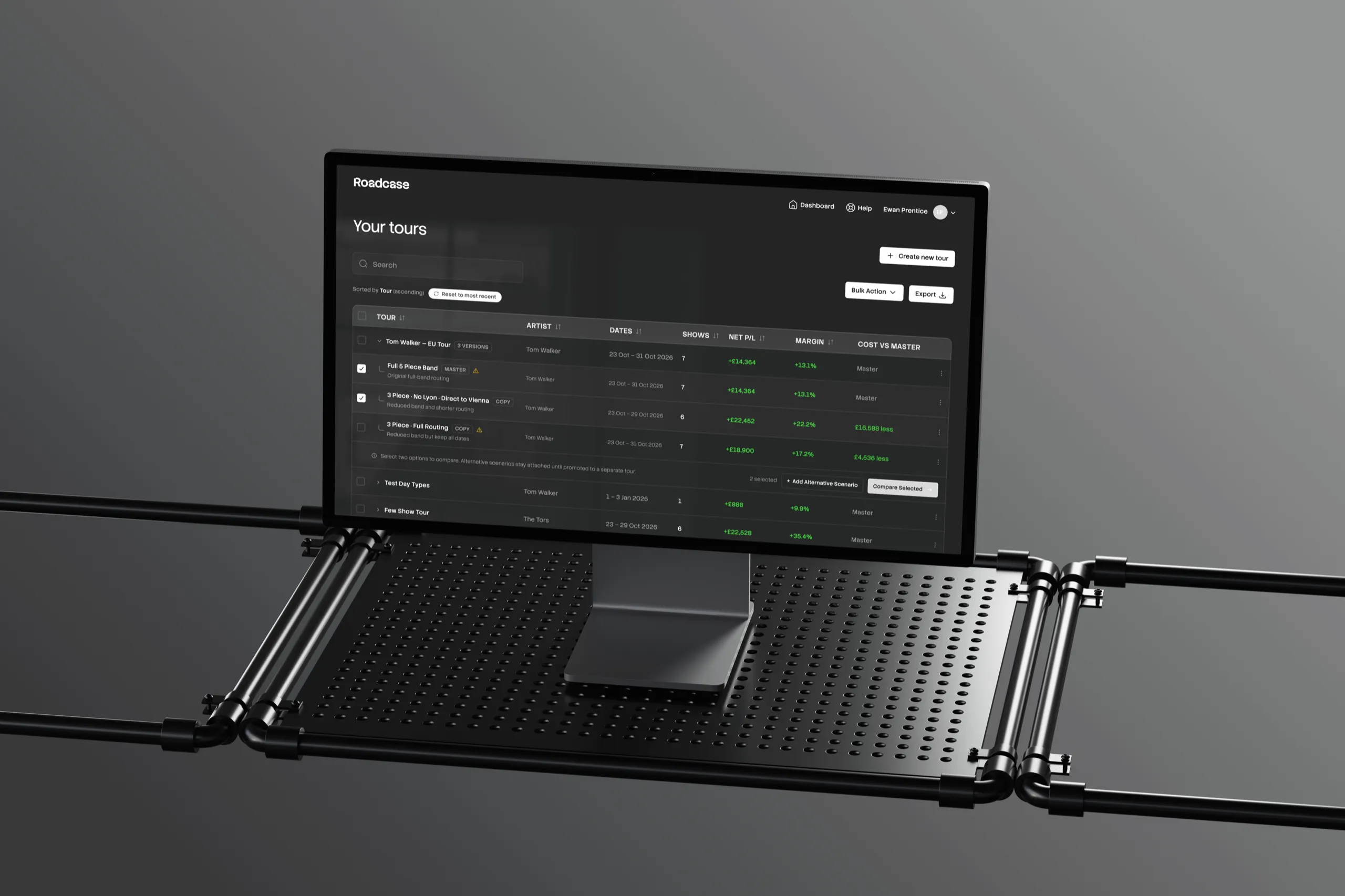 The Roadcase tours dashboard on a Studio Display on a perforated steel platform