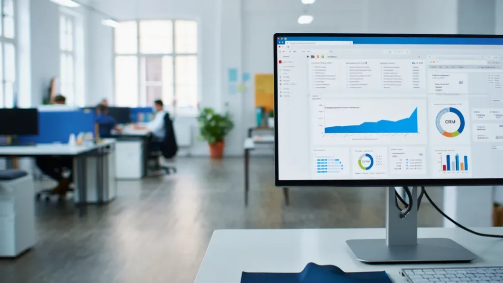 A business analytics dashboard on a monitor in a modern office