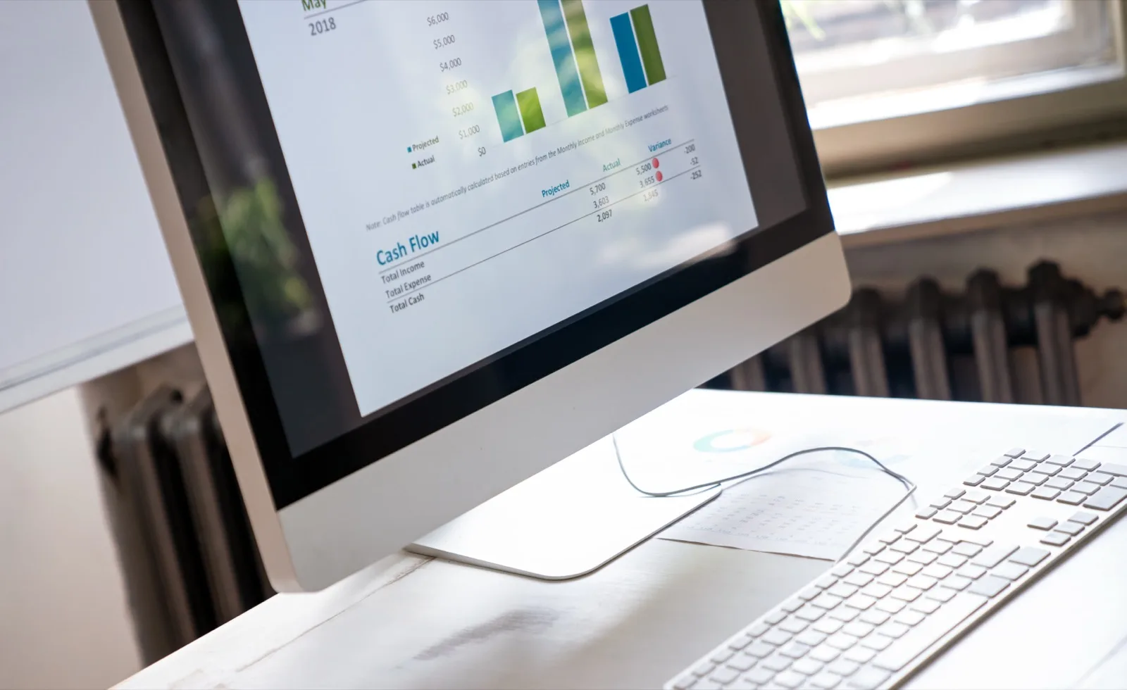 A monitor showing a report with charts and a cash flow table