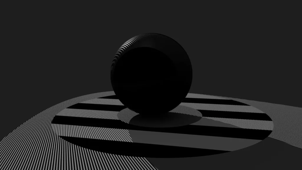 A dark sphere resting on a striped monochrome plane