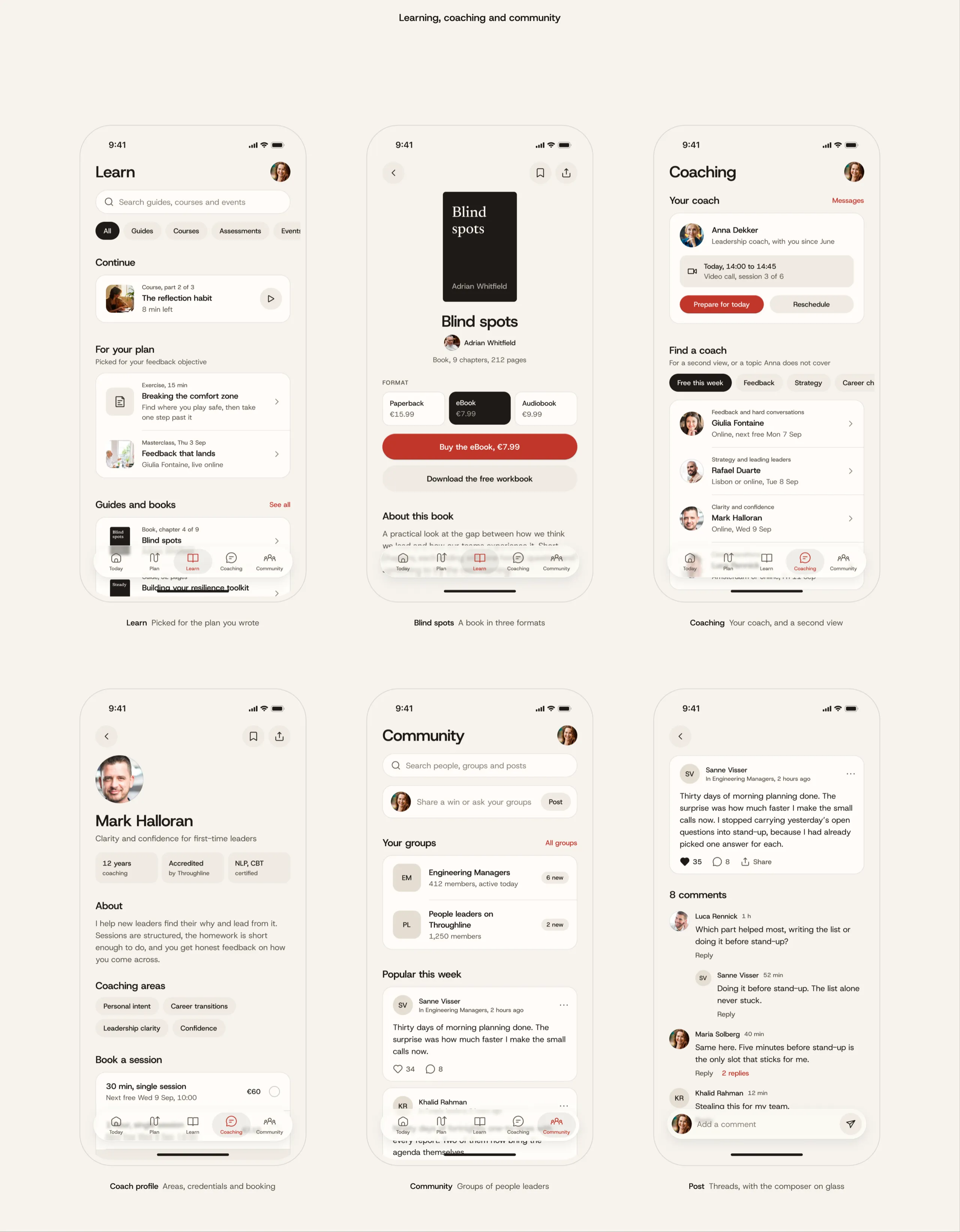 Learning, coaching and community in the Throughline app, with courses picked for the plan, a book in three formats, a coach profile, groups of people leaders and a post thread