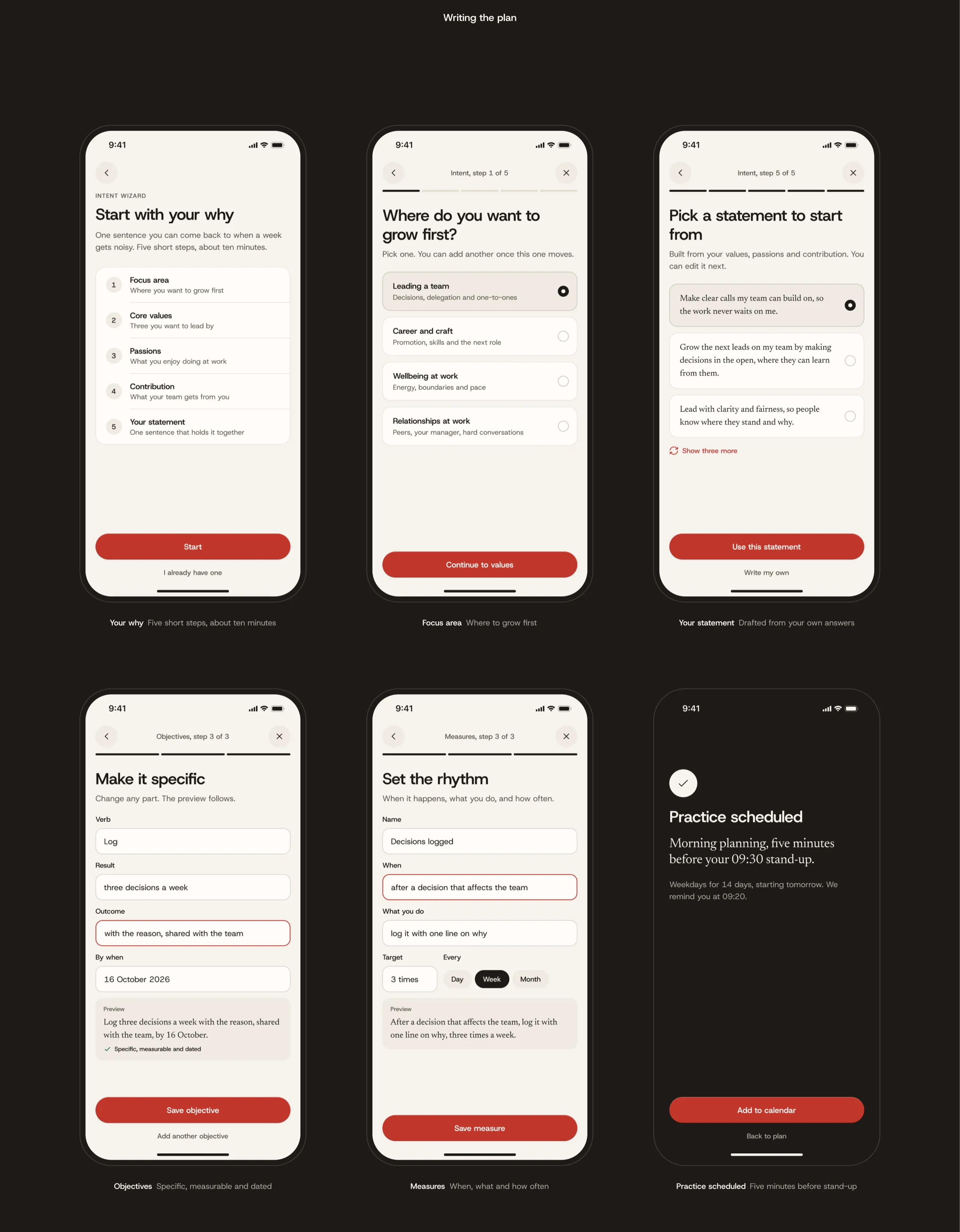 Writing the plan in the Throughline app, from your why and a focus area to a drafted statement, objectives, measures and a scheduled practice