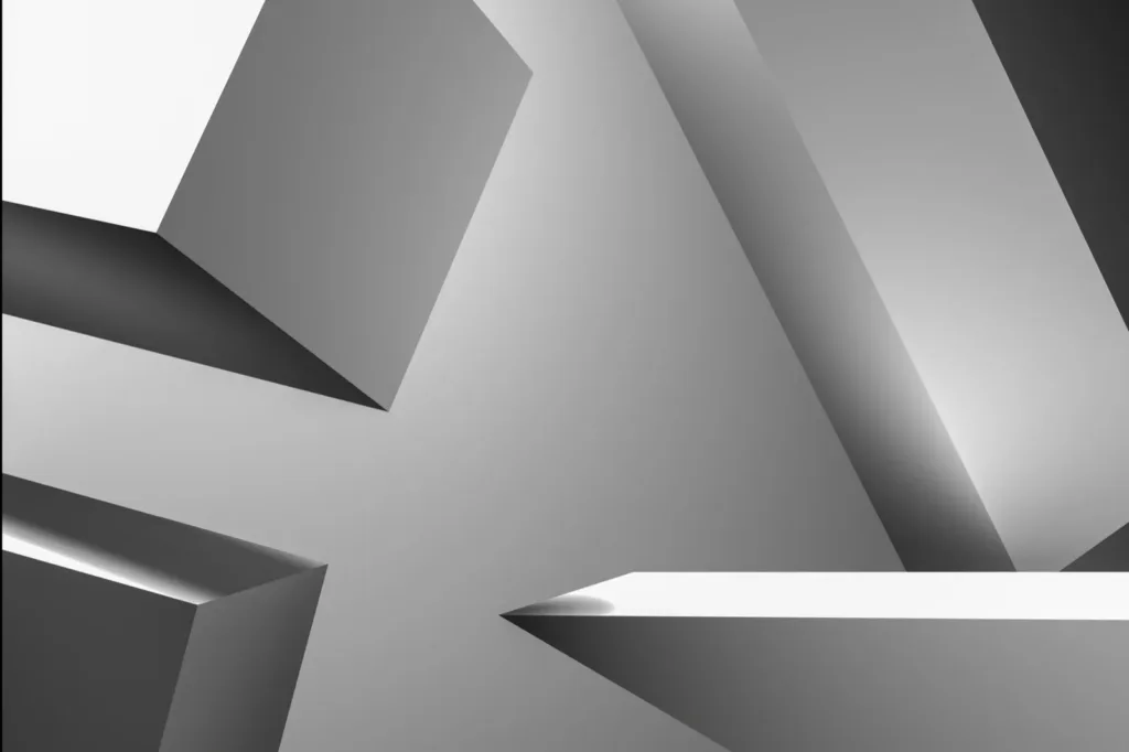 Grey geometric planes catching hard light and shadow, monochrome