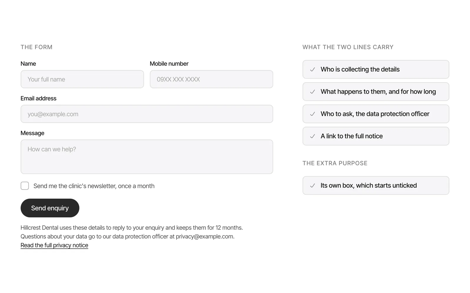 A contact form with name, mobile number, email and message fields, a separate newsletter checkbox which starts unticked and a Send enquiry button, with two lines under the button naming the clinic, how long it keeps the details and the data protection officer's email address, and a link to the full privacy notice.
