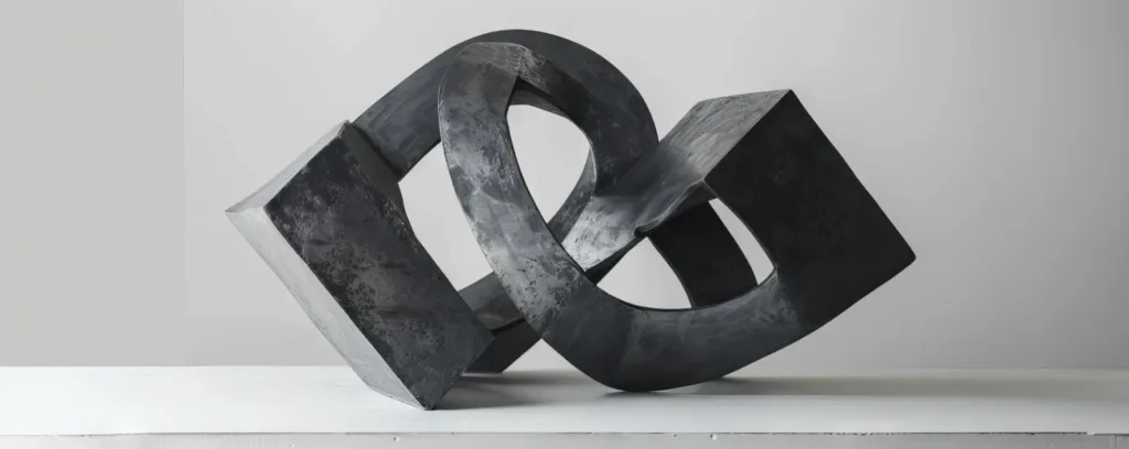 Two interlocking dark stone forms, a ring through a cube