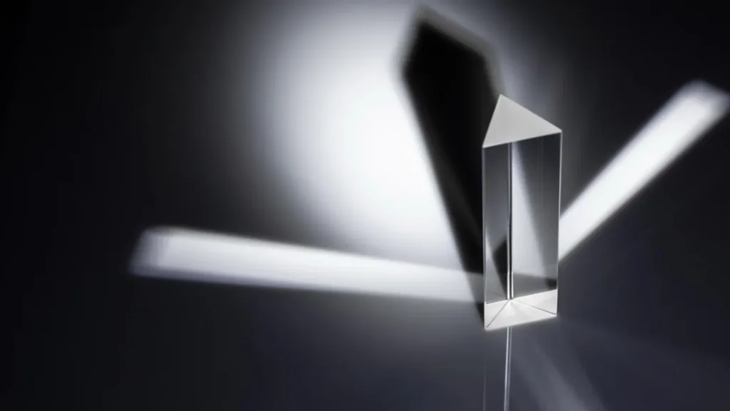A glass prism splitting a beam of light, in black and white