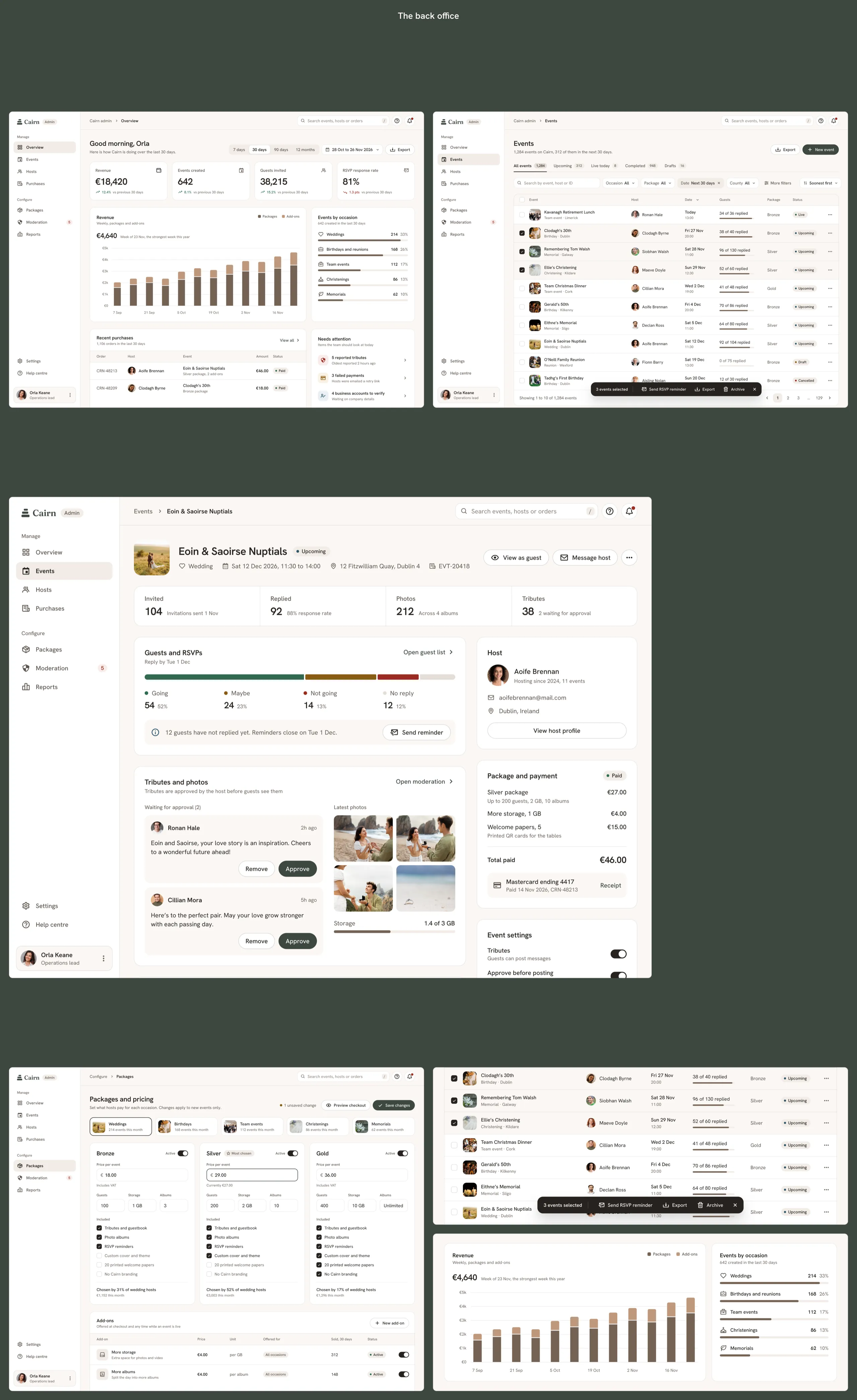 The Cairn back office, with the overview, the events list, an event's detail, packages, bulk actions and insights