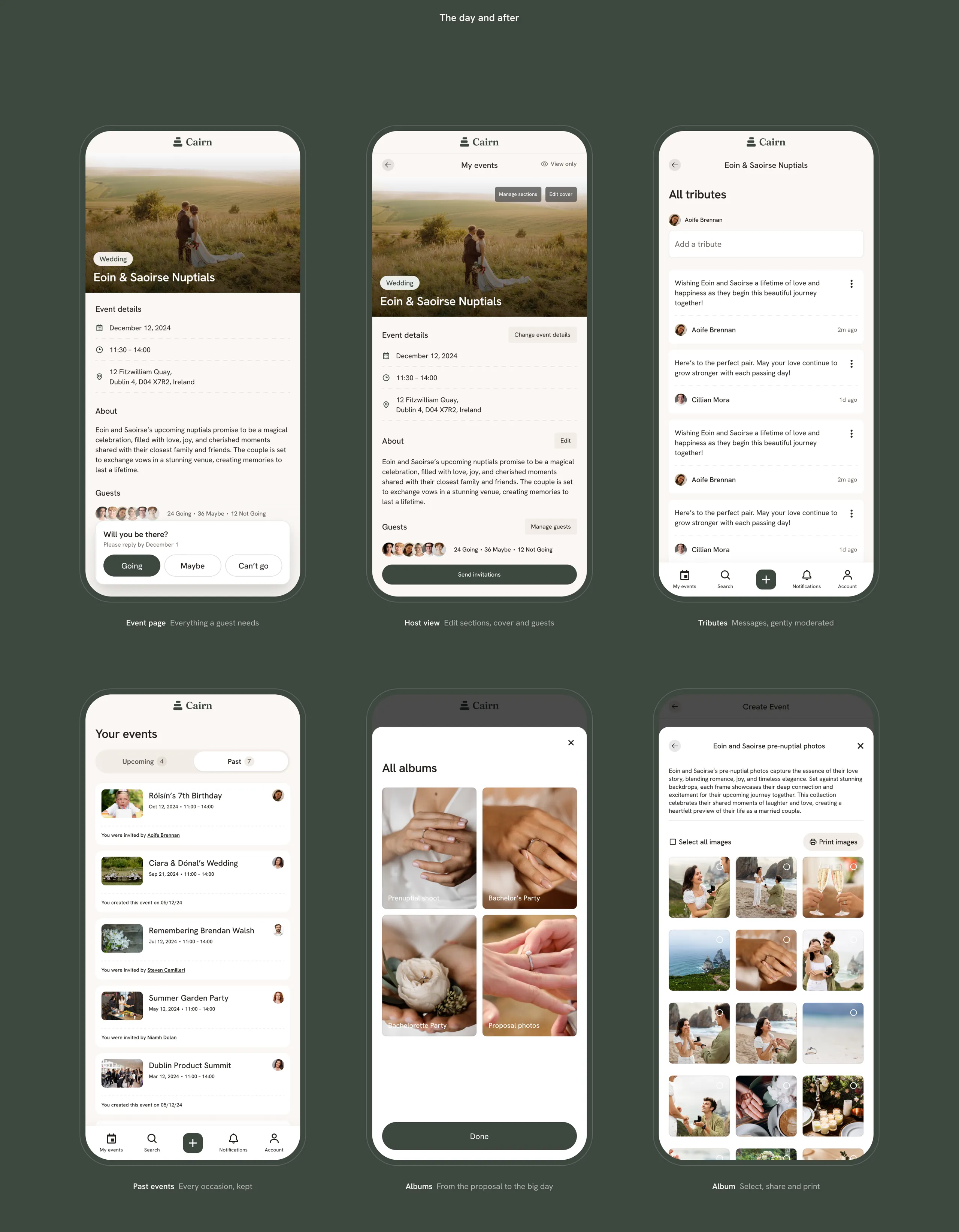 The day and after in the Cairn app, with the guest event page and its RSVP, the host view, tributes, past events, albums and a shared album to print from