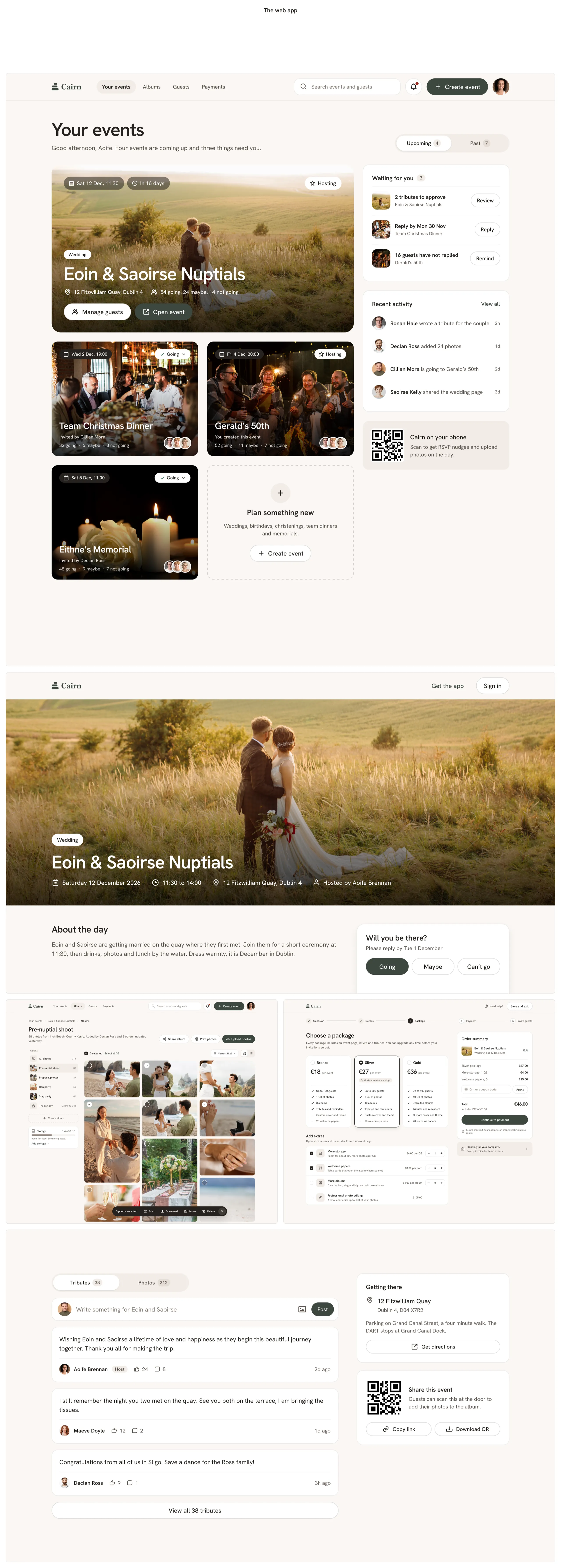 The Cairn web app, with your events, a guest event page, a shared album, event creation and the tributes page