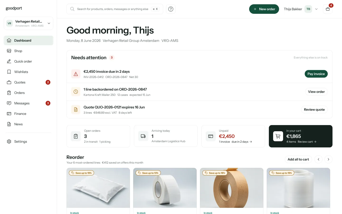 goodport B2B ordering platform, customer dashboard