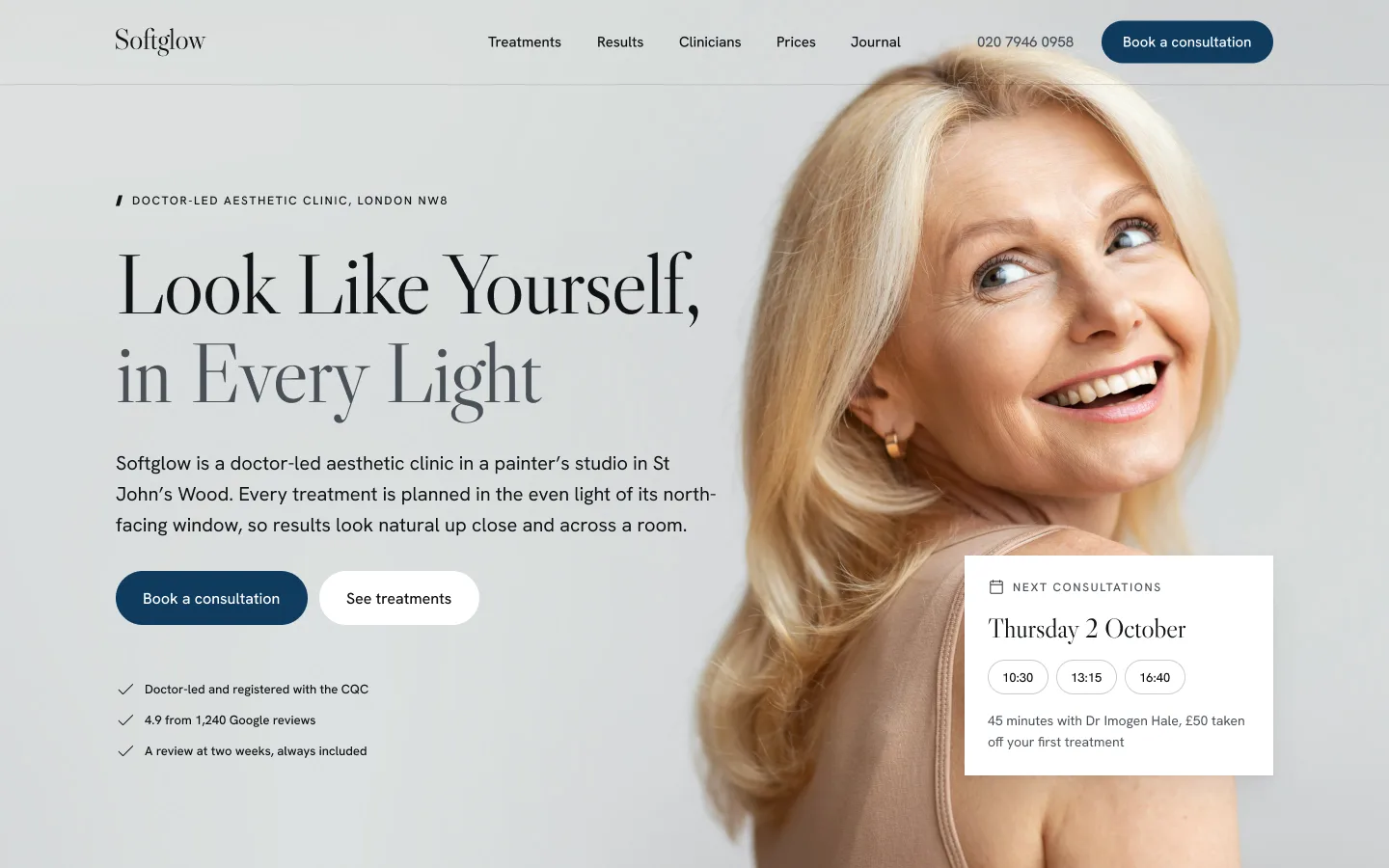 Softglow aesthetic clinic website, homepage hero