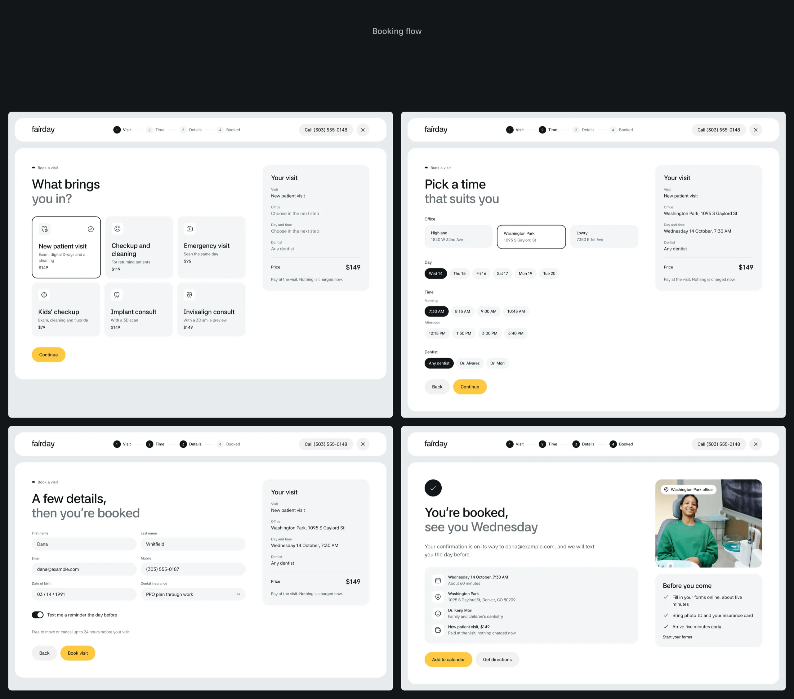 The Fairday booking flow in four steps, the visit, the office and time, the patient details and the booked confirmation