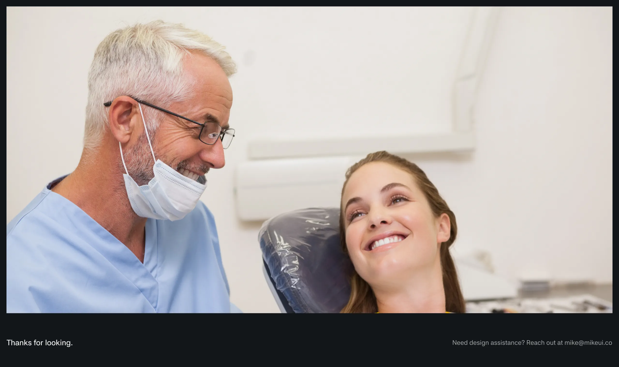 A dentist laughing with a patient in the chair, closing the case study with Mike's contact email