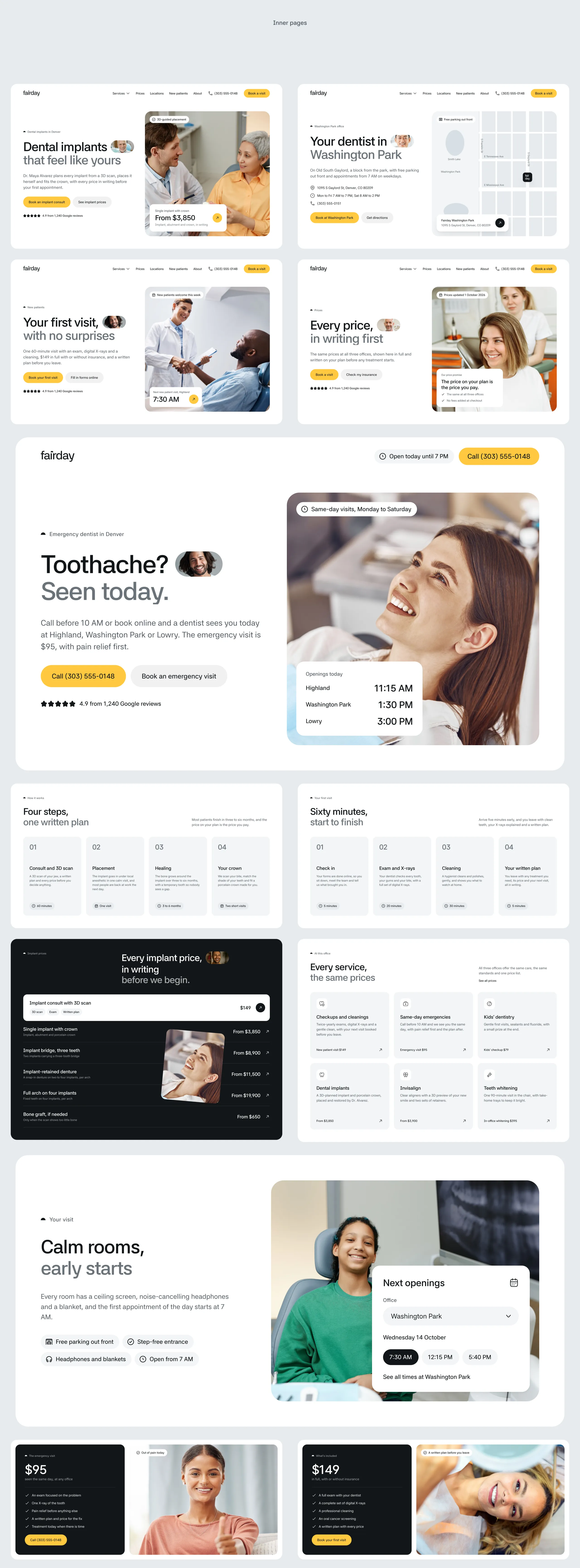 Fairday inner pages, with the dental implants, Washington Park, new patients, prices and emergency heroes, the implant steps and prices, the office services, the visit map and the new patient visit
