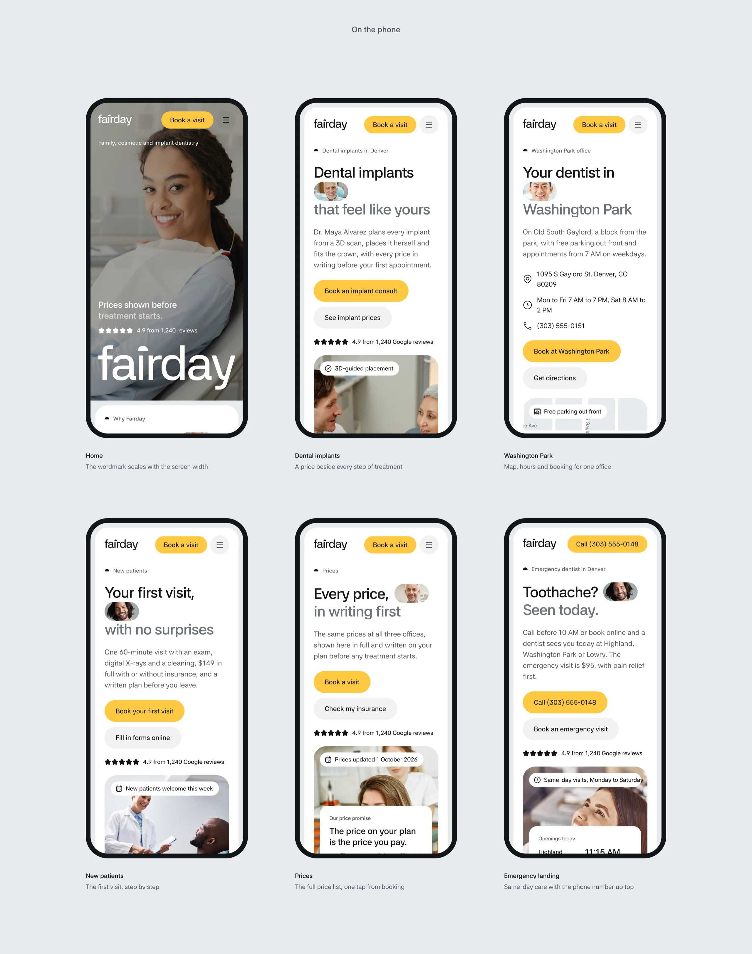 Fairday on the phone, with the home, dental implants, Washington Park, new patients, prices and emergency pages