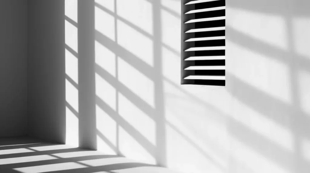 A slatted air vent on a white concrete wall with morning light and shadow