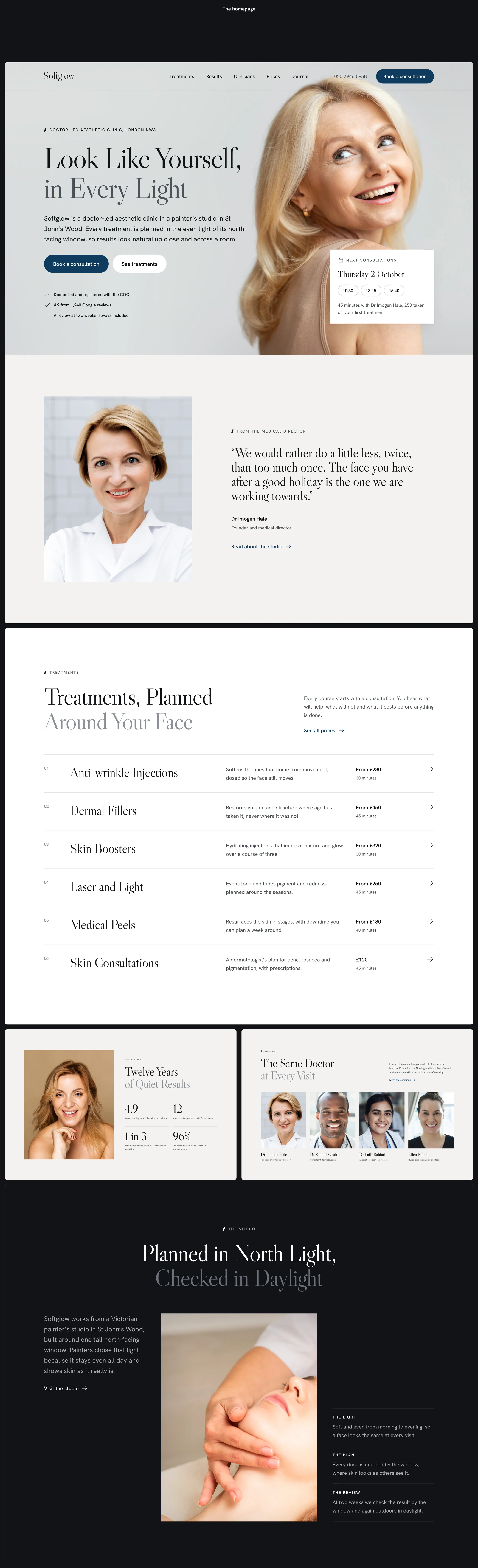 The Softglow aesthetic clinic homepage in full, from the hero and the medical director's note through six treatments with prices, the four-visit course and the numbers to patient stories, the clinicians, the studio, the FAQs and the journal