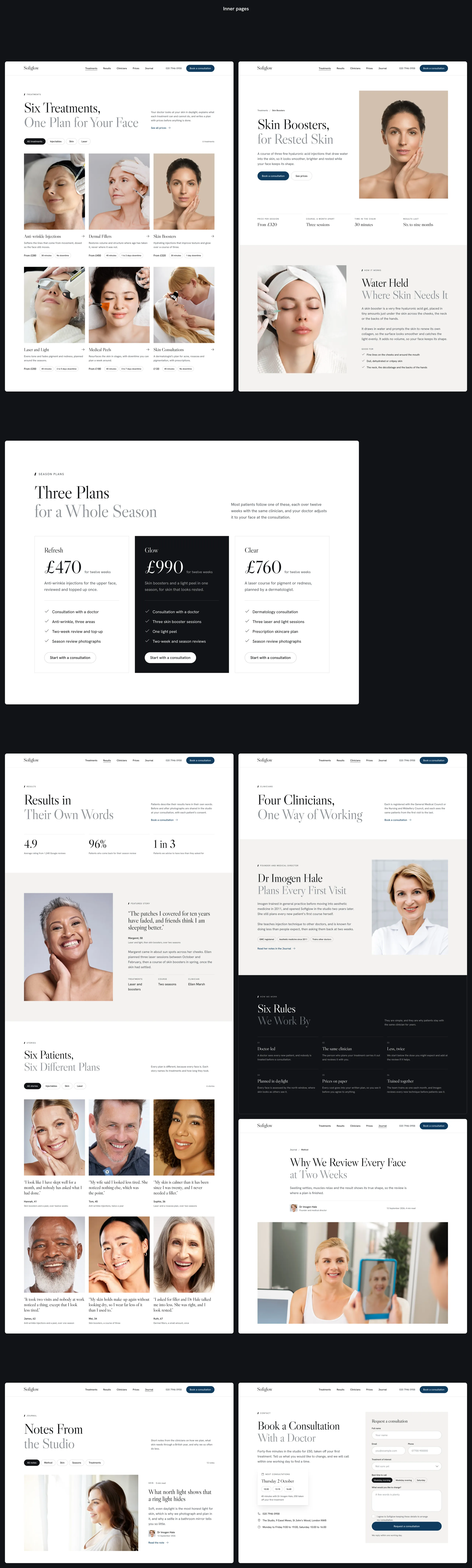 Softglow inner pages, with treatments, skin boosters, three season plans from the prices page, results, clinicians, a journal article, the journal and contact